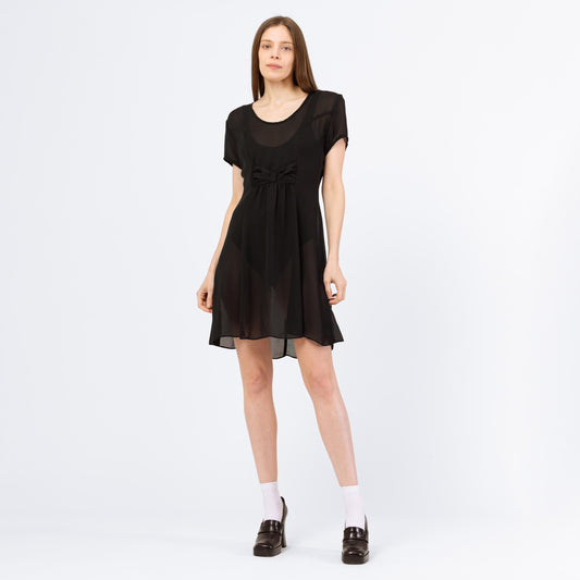 Vintage 90s Sheer Black Babydoll Mini Dress - Medium | Grunge Short Sleeve Bow Tie A Line Party Dress