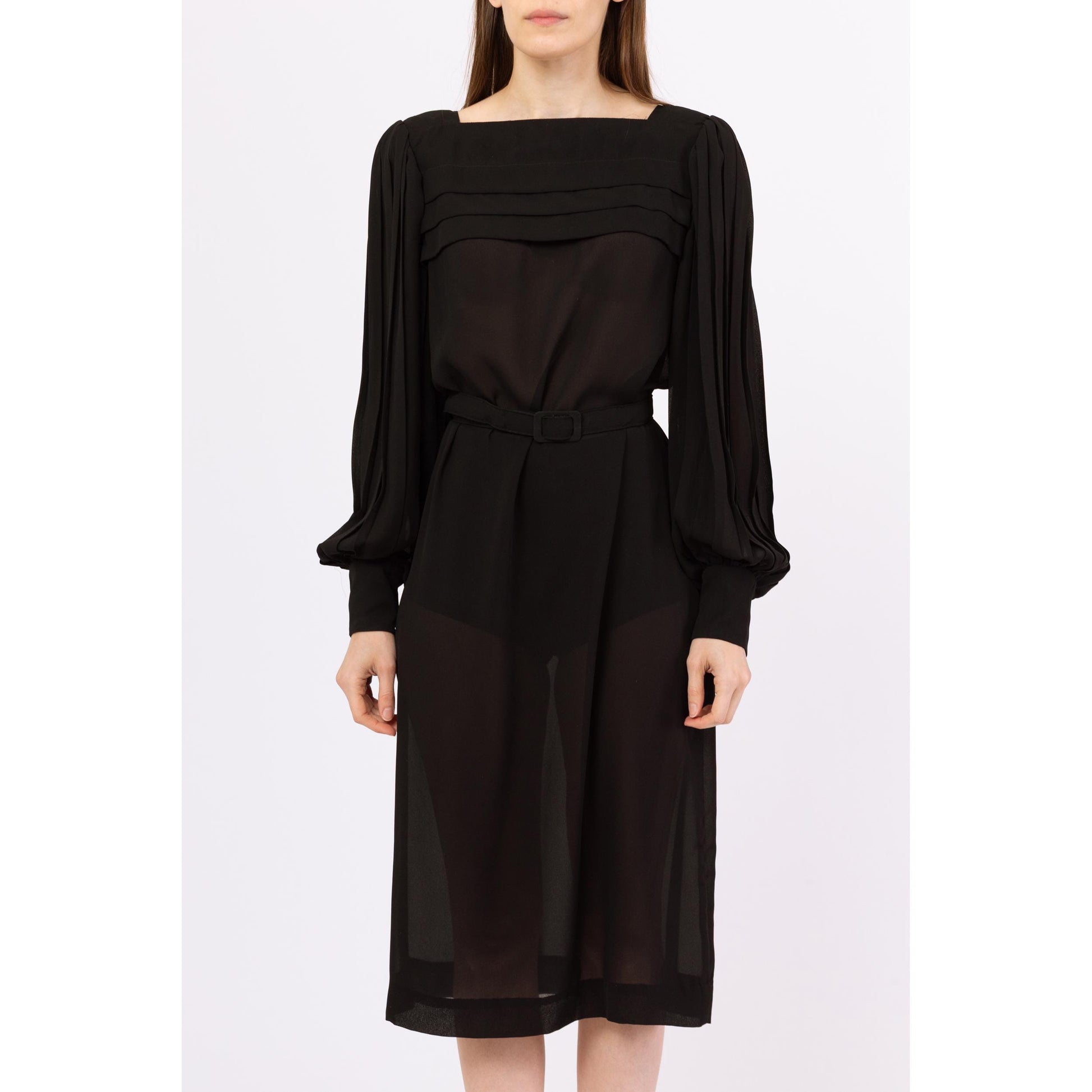 Vintage 70s Sheer Black Balloon Sleeve Cocktail Dress - Medium | Leslie Fay Belted Pleated Long Sleeve Midi Party Dress