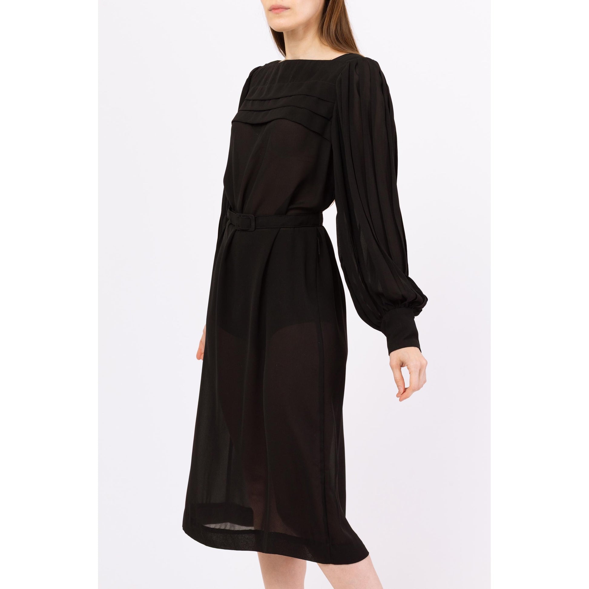 Vintage 70s Sheer Black Balloon Sleeve Cocktail Dress - Medium | Leslie Fay Belted Pleated Long Sleeve Midi Party Dress