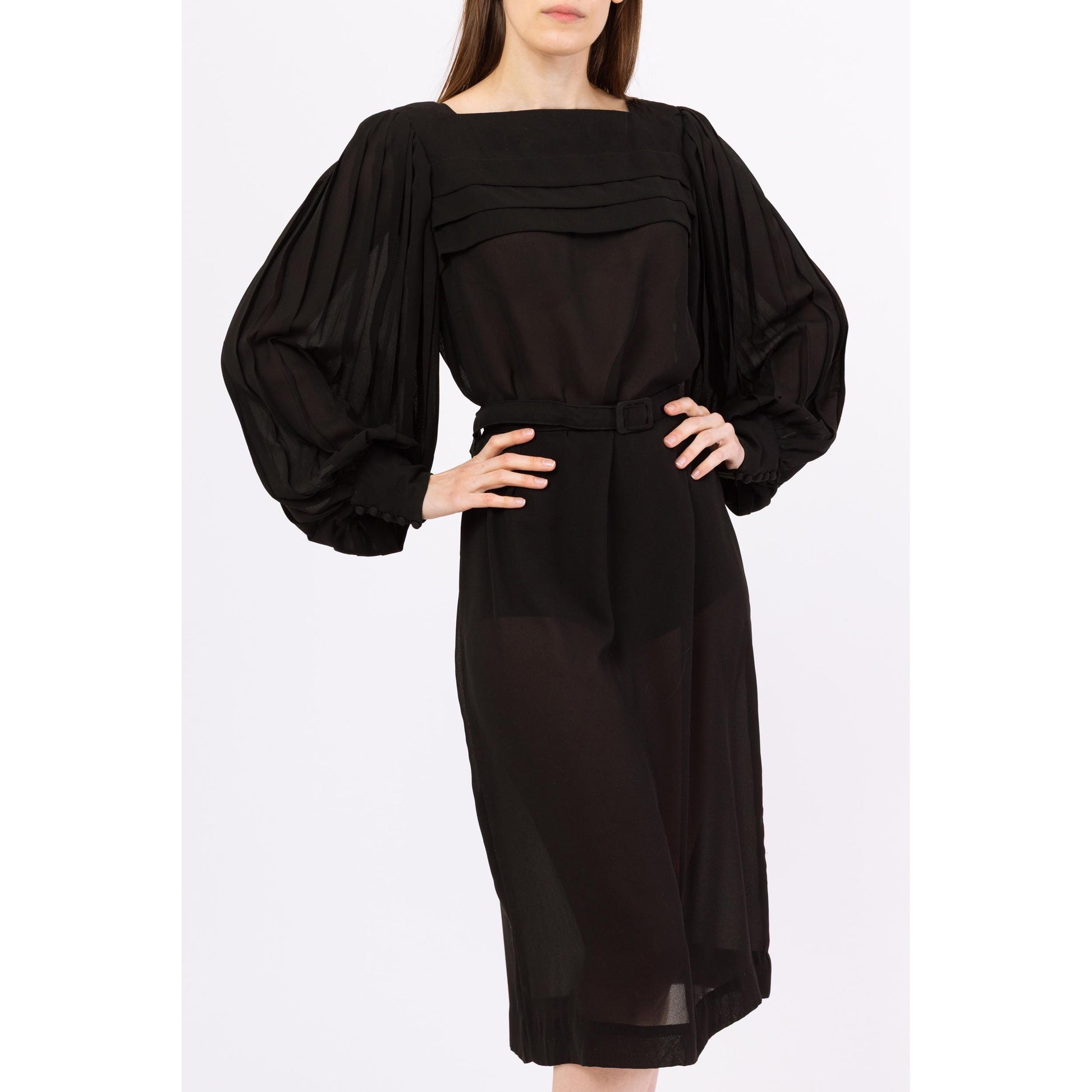 Vintage 70s Sheer Black Balloon Sleeve Cocktail Dress - Medium | Leslie Fay Belted Pleated Long Sleeve Midi Party Dress