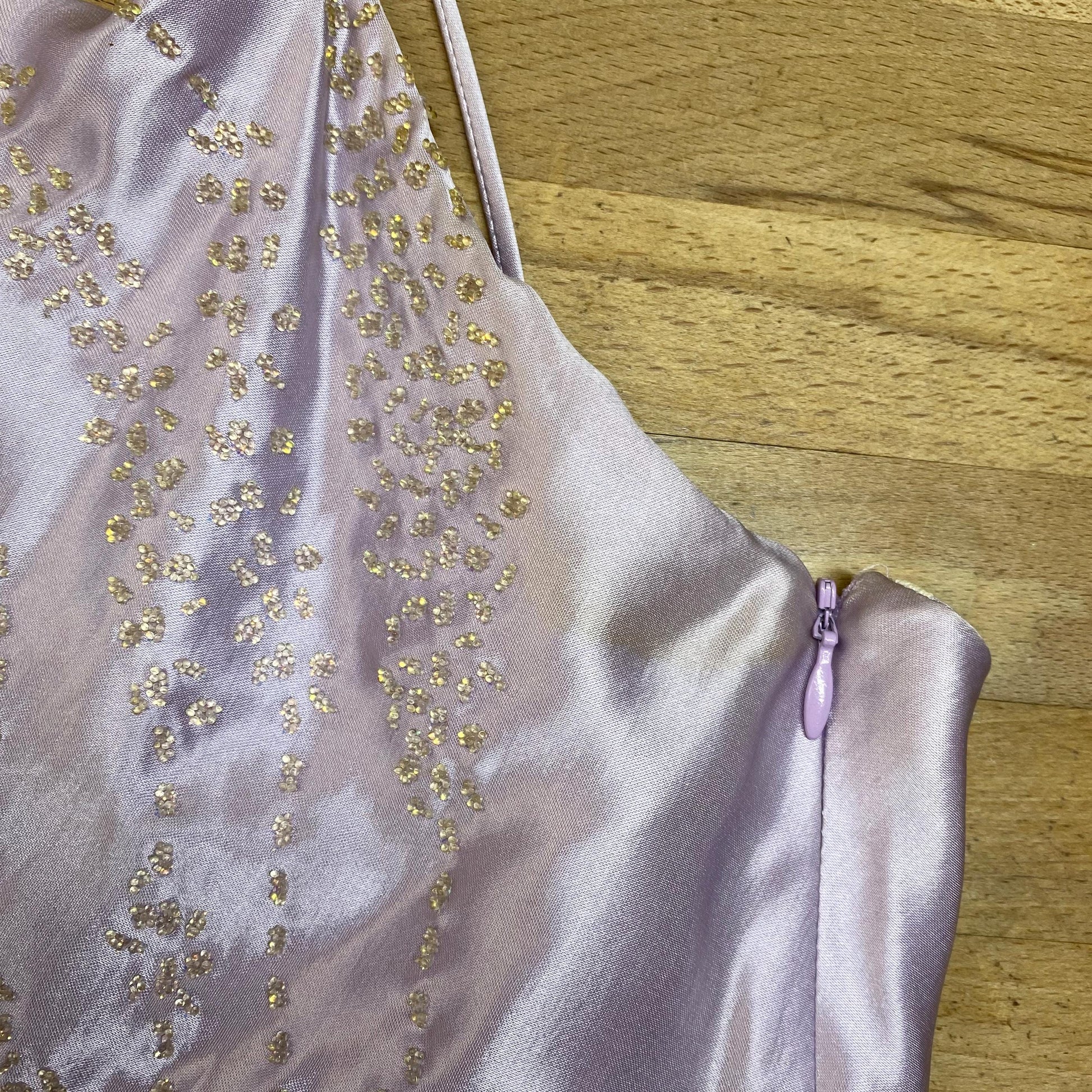 Vintage Y2K Lavender Satin Beaded Spaghetti Strap Maxi Dress - Large | Cowl Neck Bias Cut Slip Gown, Prom Night, Formal Event