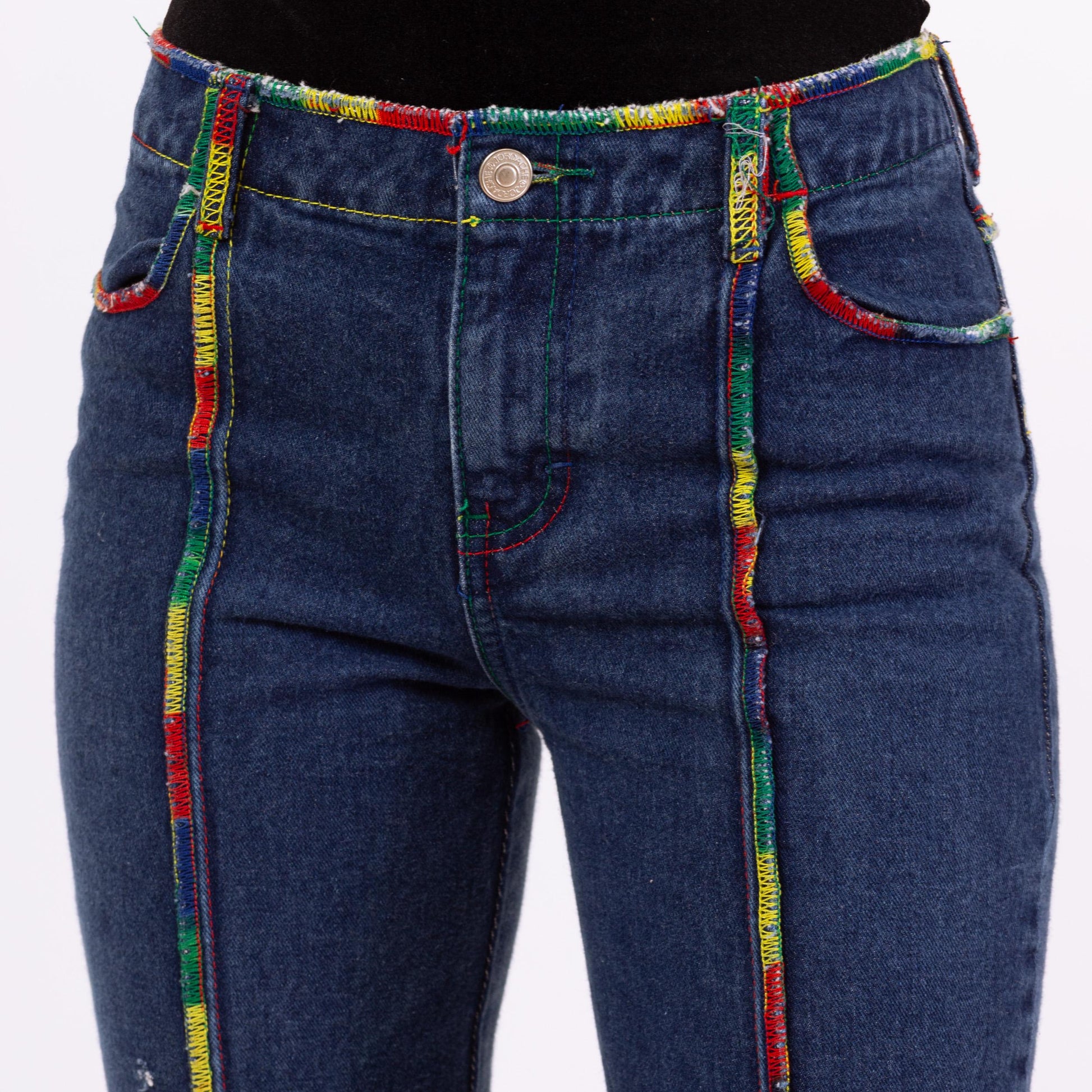 Vintage 90s Jordache Rainbow Stitch Capri Jeans - XXS | Low Rise Y2K Cropped Denim Streetwear Pants