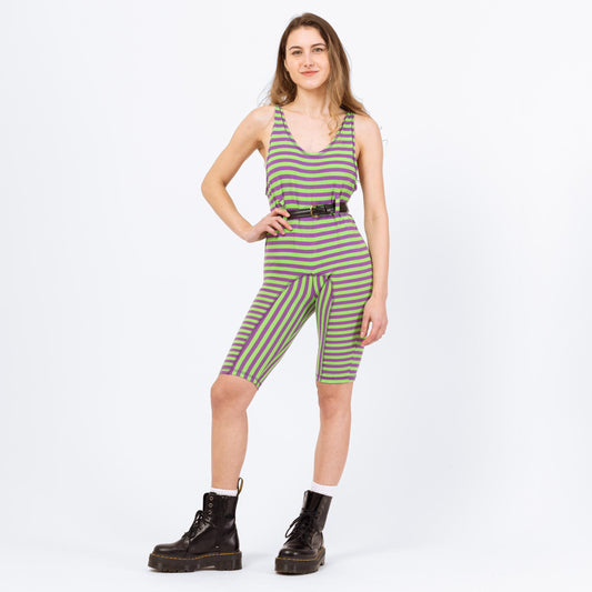 Vintage 80s Green & Purple Striped Fitted Romper - Petite XXS | Biker Shorts Jumpsuit, Sleeveless Scoop Neck Playsuit, Aerobics Leotard