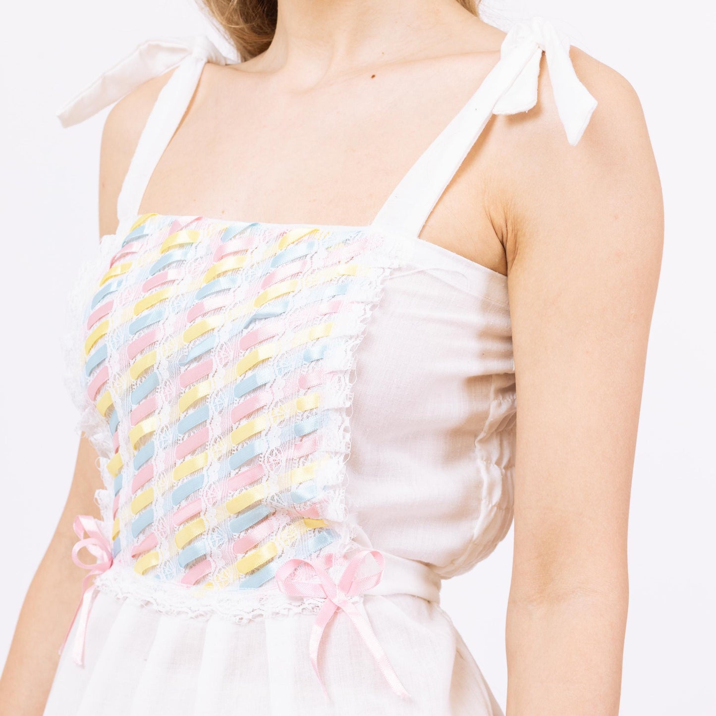 Vintage 70s White Pastel Ribbon Mini Sundress - XS to Small | Lace Trim, Cottagecore Prairie Dress, Soft Boho Dress