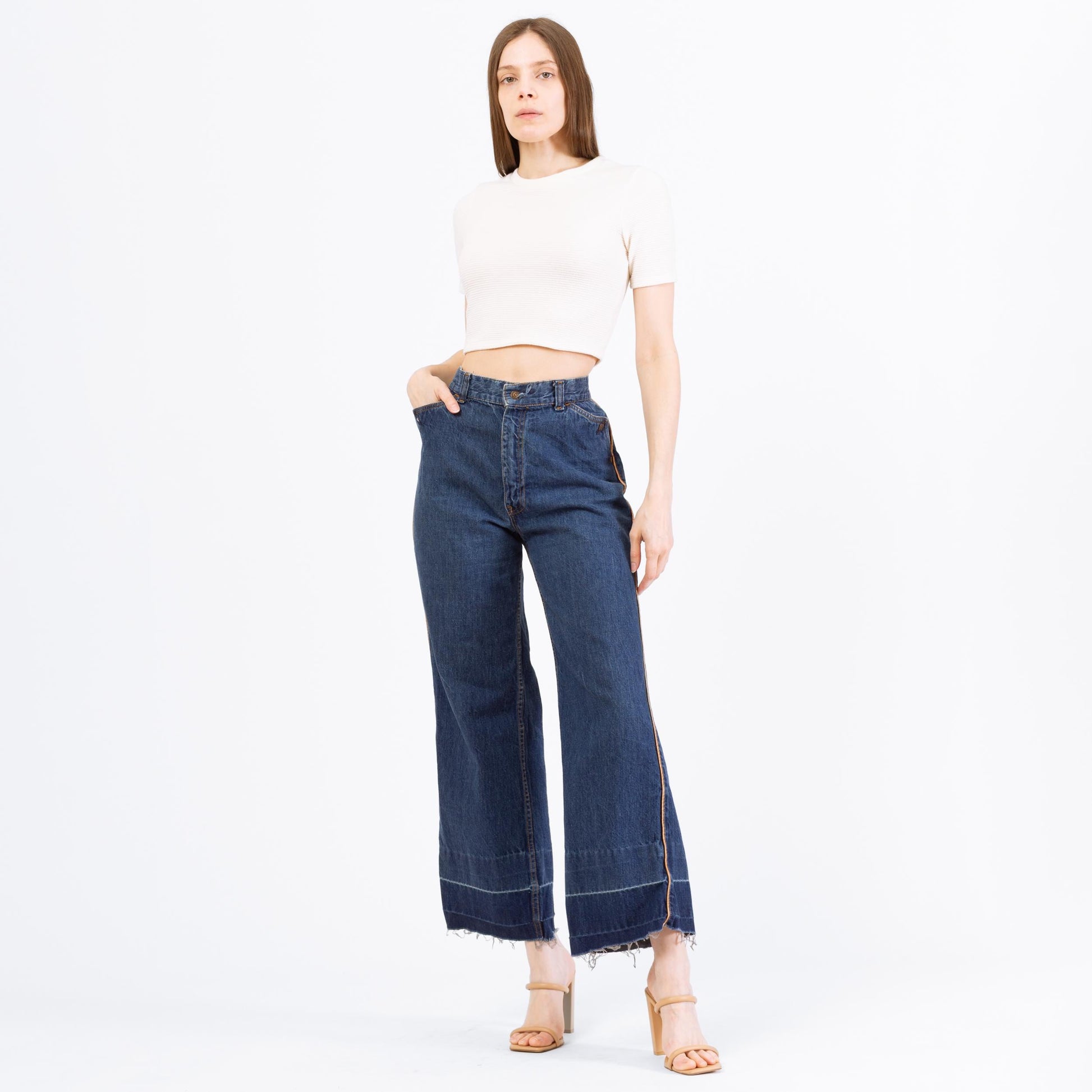 Vintage 70s Levis High Waisted Straight Leg Button Pocket Jeans - Small to Medium, 28" Waist | Boho Levi’s Piped Trim Dark Wash Denim