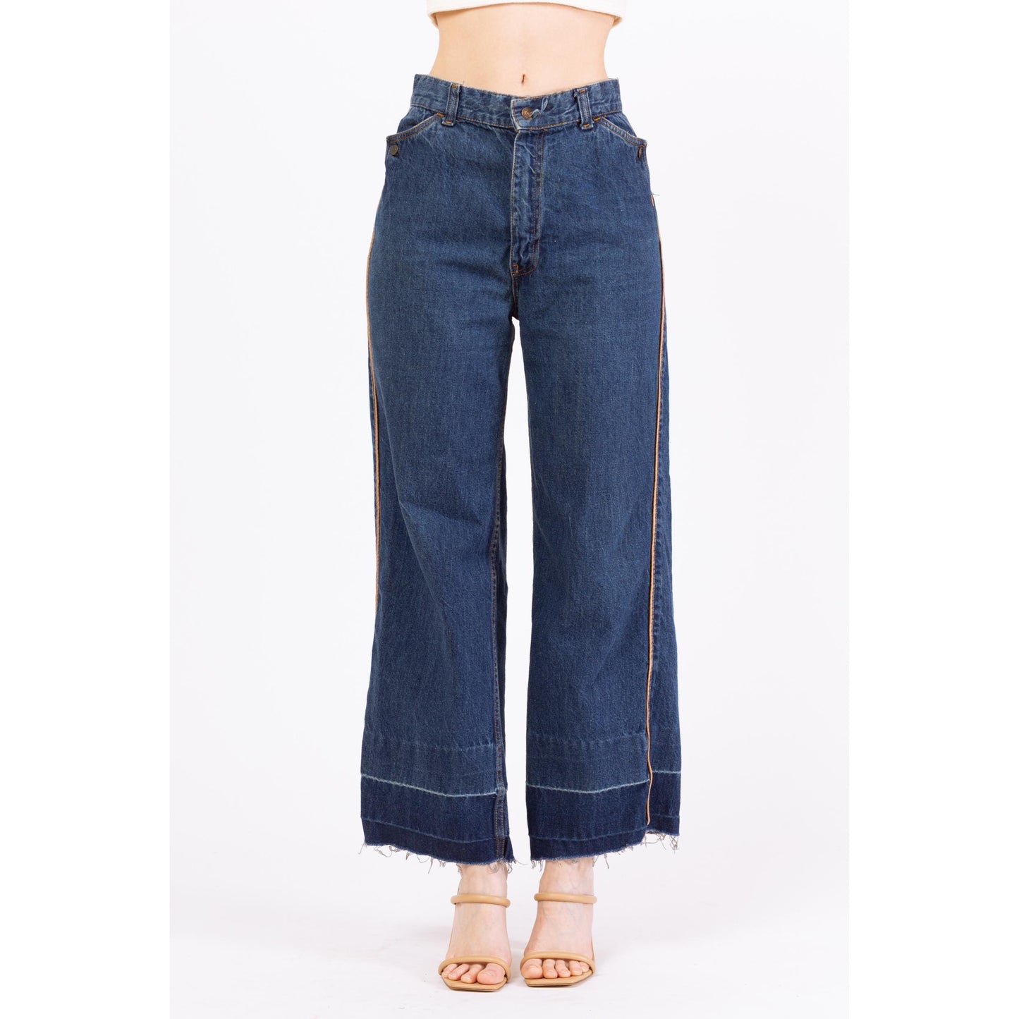 Vintage 70s Levis High Waisted Straight Leg Button Pocket Jeans - Small to Medium, 28" Waist | Boho Levi’s Piped Trim Dark Wash Denim