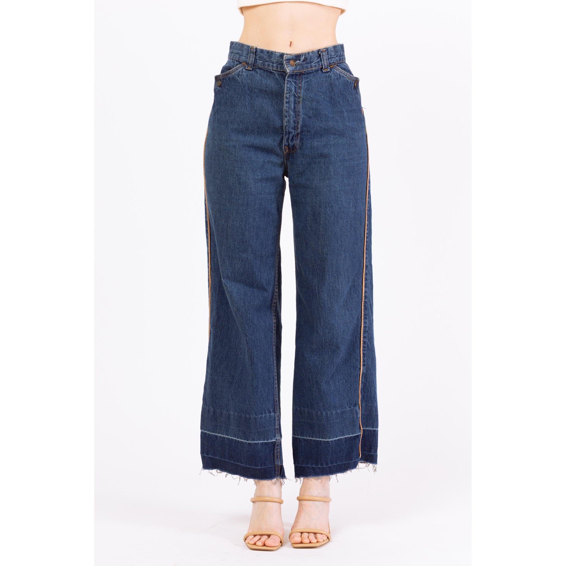 Vintage 70s Levis High Waisted Straight Leg Button Pocket Jeans - Small to Medium, 28" Waist | Boho Levi’s Piped Trim Dark Wash Denim