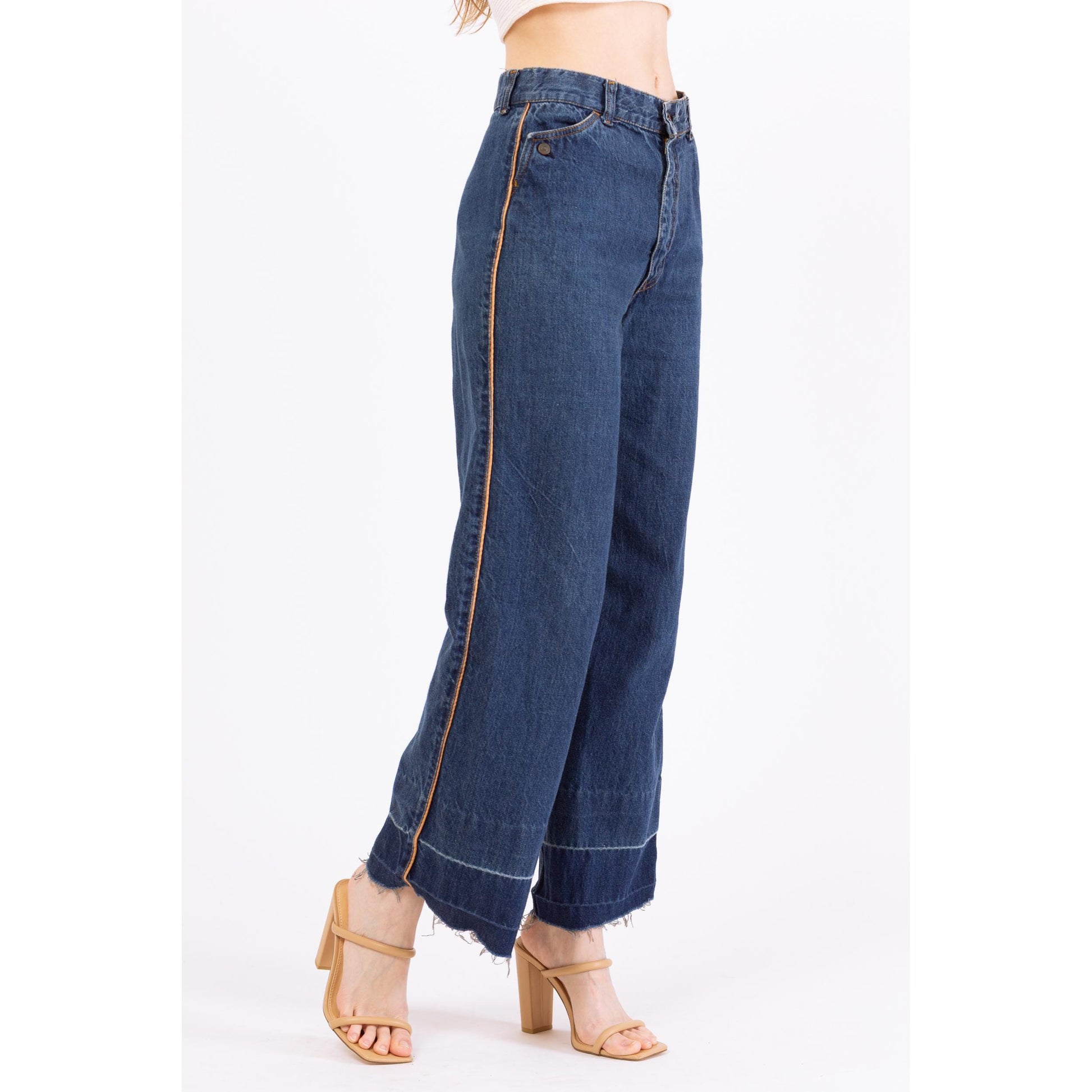 Vintage 70s Levis High Waisted Straight Leg Button Pocket Jeans - Small to Medium, 28" Waist | Boho Levi’s Piped Trim Dark Wash Denim