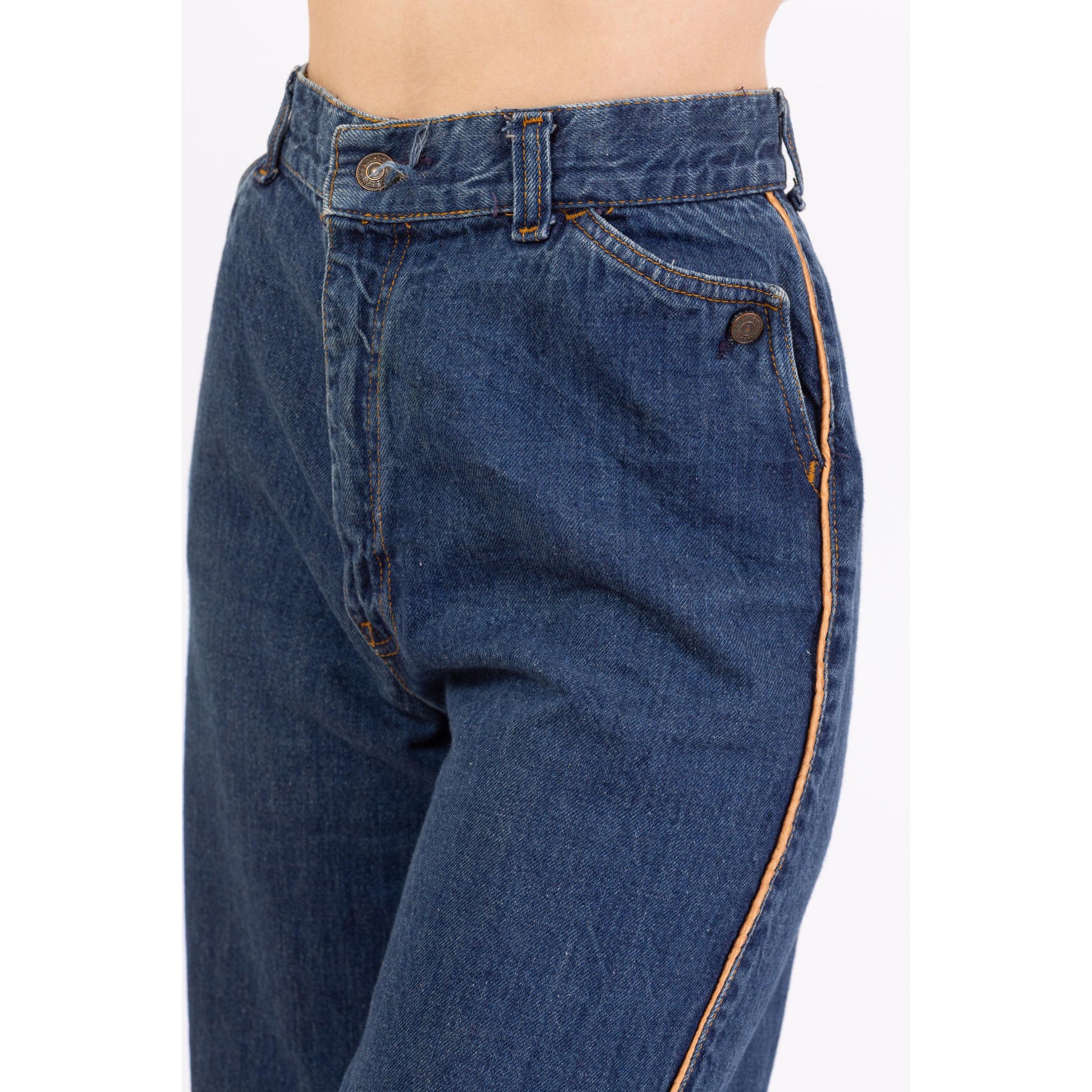Vintage 70s Levis High Waisted Straight Leg Button Pocket Jeans - Small to Medium, 28" Waist | Boho Levi’s Piped Trim Dark Wash Denim