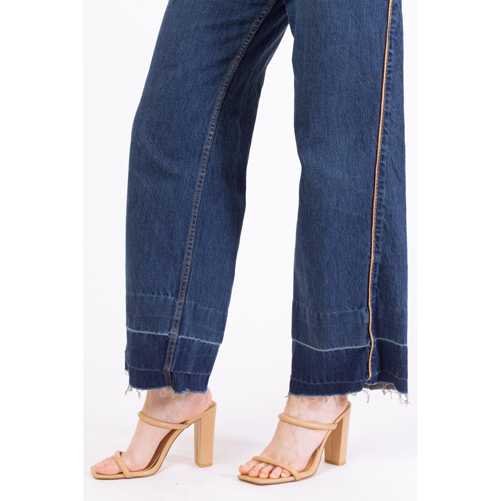 Vintage 70s Levis High Waisted Straight Leg Button Pocket Jeans - Small to Medium, 28" Waist | Boho Levi’s Piped Trim Dark Wash Denim