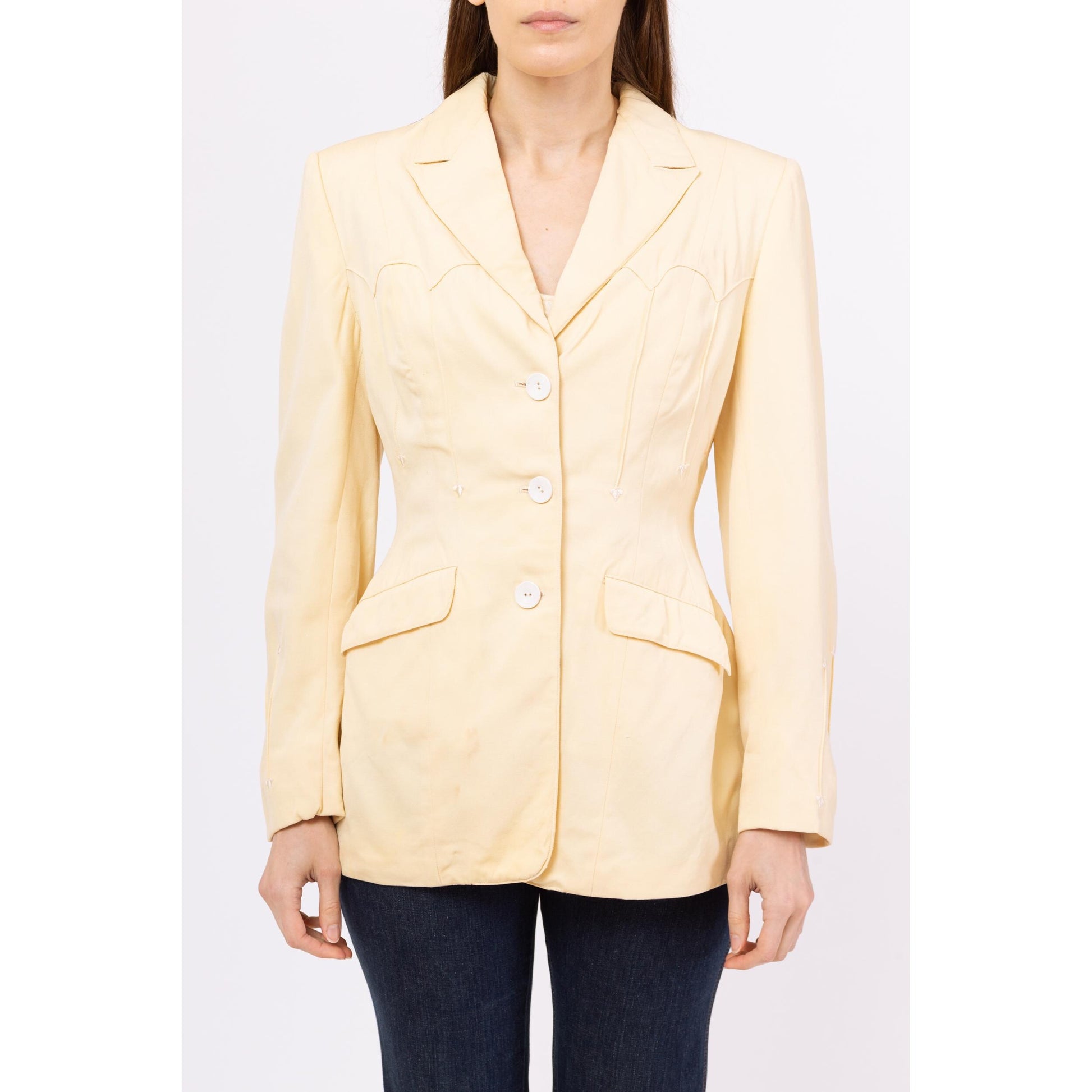 Vintage 1940s Western Cream Gabardine Wool Blazer - Small | 40s 50s Gross Denver Button Up Fitted Waist Rockabilly Suit Jacket