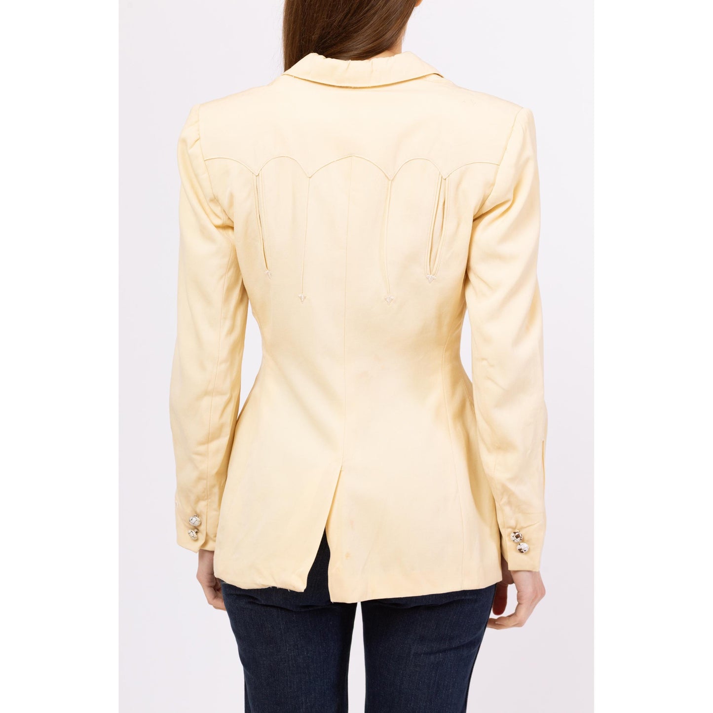 Vintage 1940s Western Cream Gabardine Wool Blazer - Small | 40s 50s Gross Denver Button Up Fitted Waist Rockabilly Suit Jacket