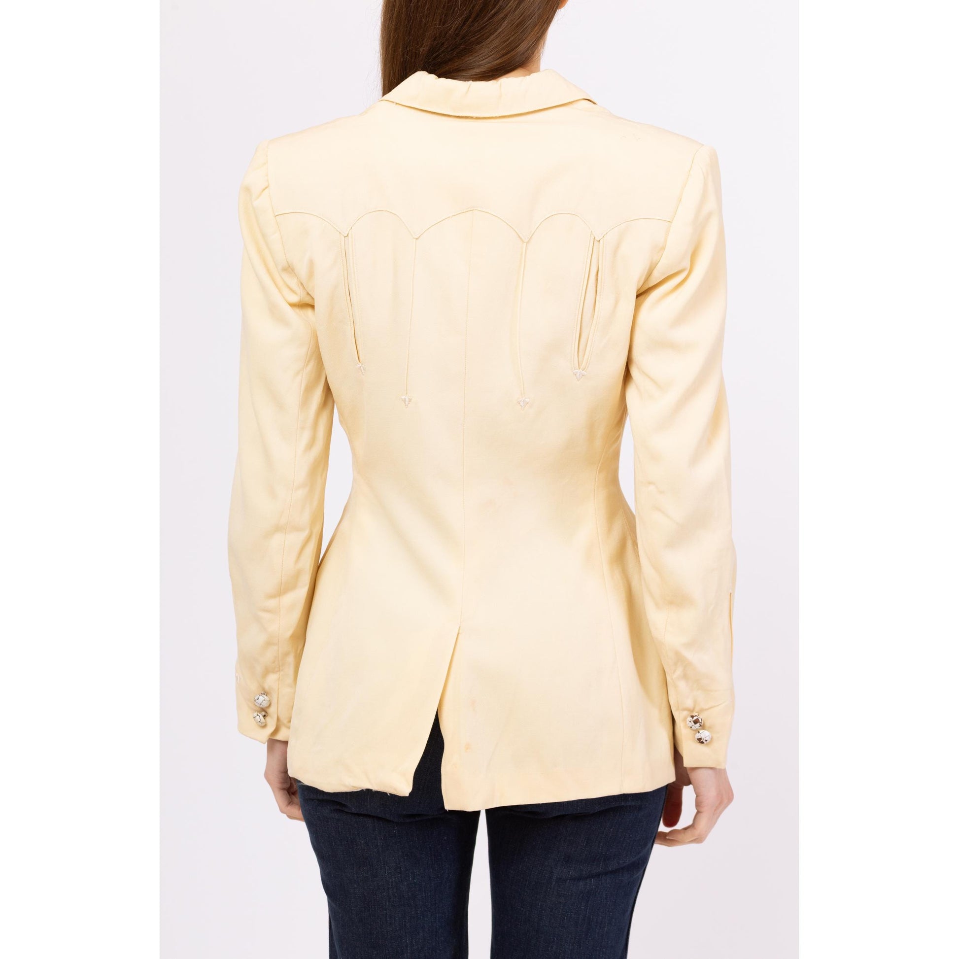 Vintage 1940s Western Cream Gabardine Wool Blazer - Small | 40s 50s Gross Denver Button Up Fitted Waist Rockabilly Suit Jacket