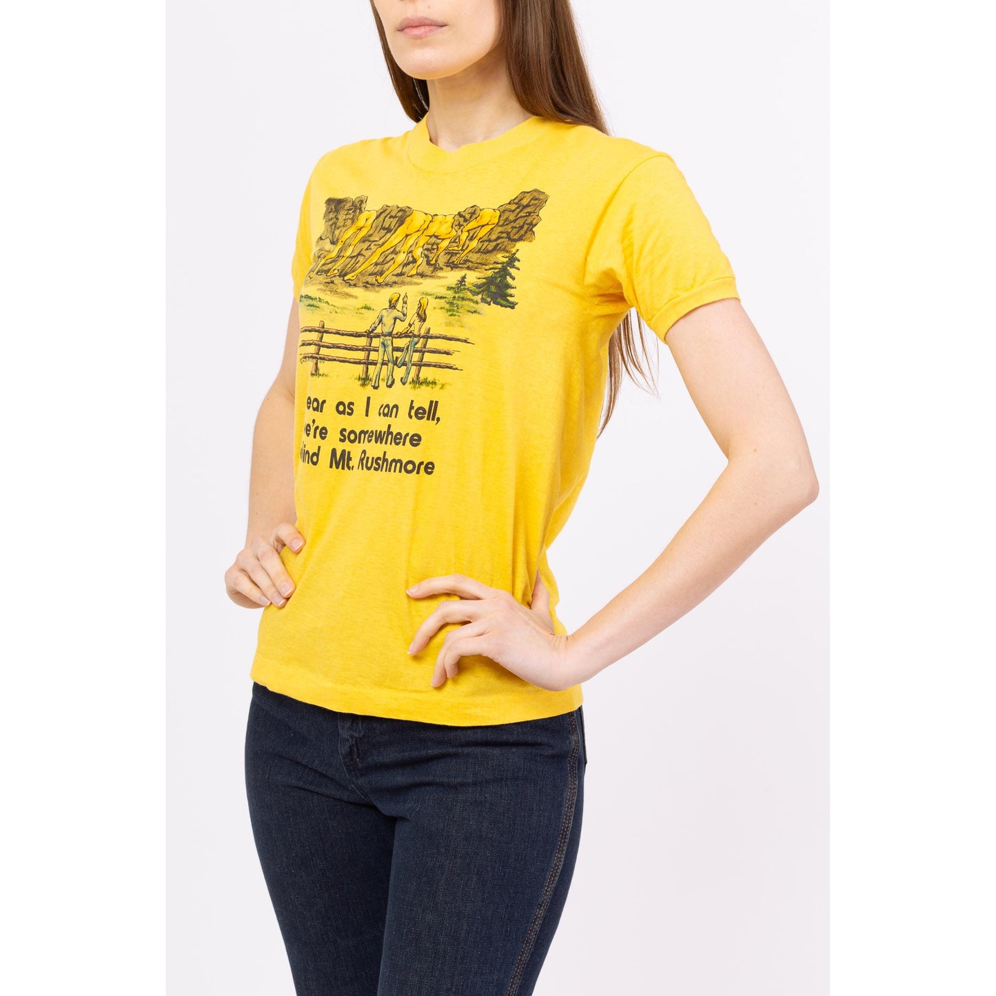 Vintage 70s Mount Rushmore Funny Graphic Tee - XS to Small | "Behind Mt Rushmore" Yellow South Dakota Travel T Shirt