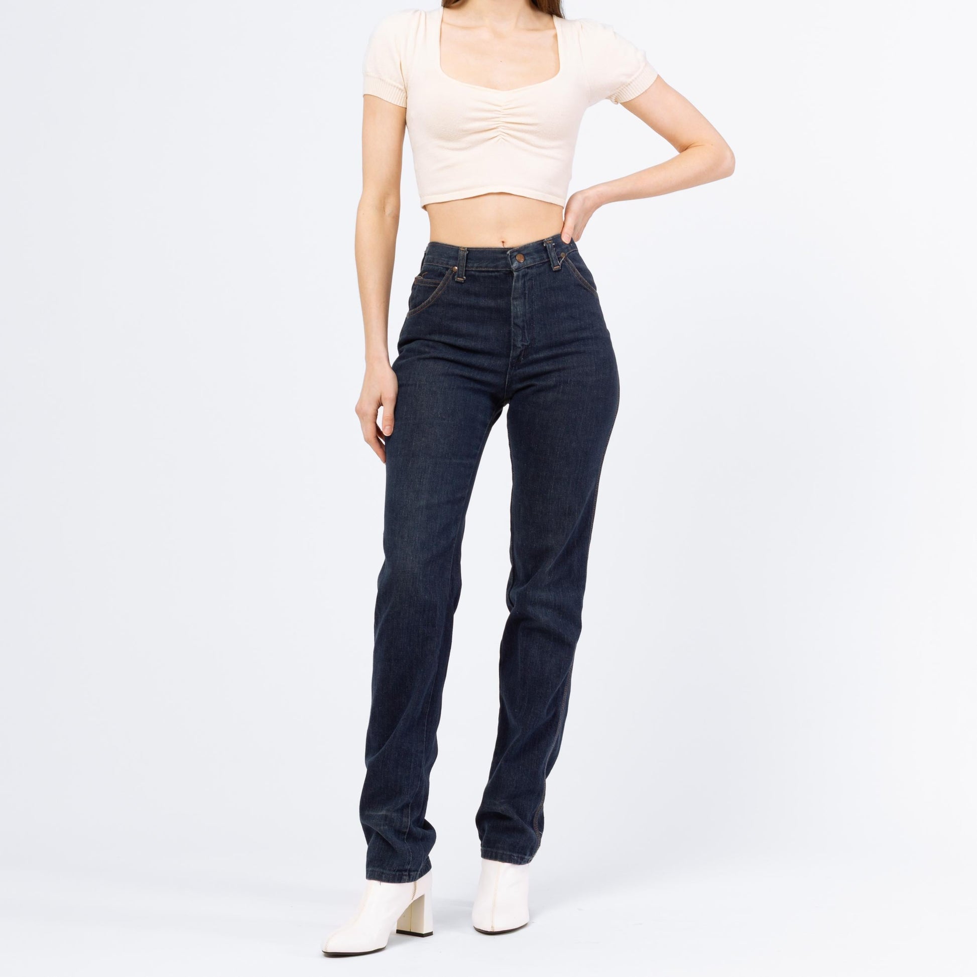 Vintage 70s Wrangler Dark Wash Western Jeans - Small | 1970s High Waisted Jeans, Straight Leg Denim