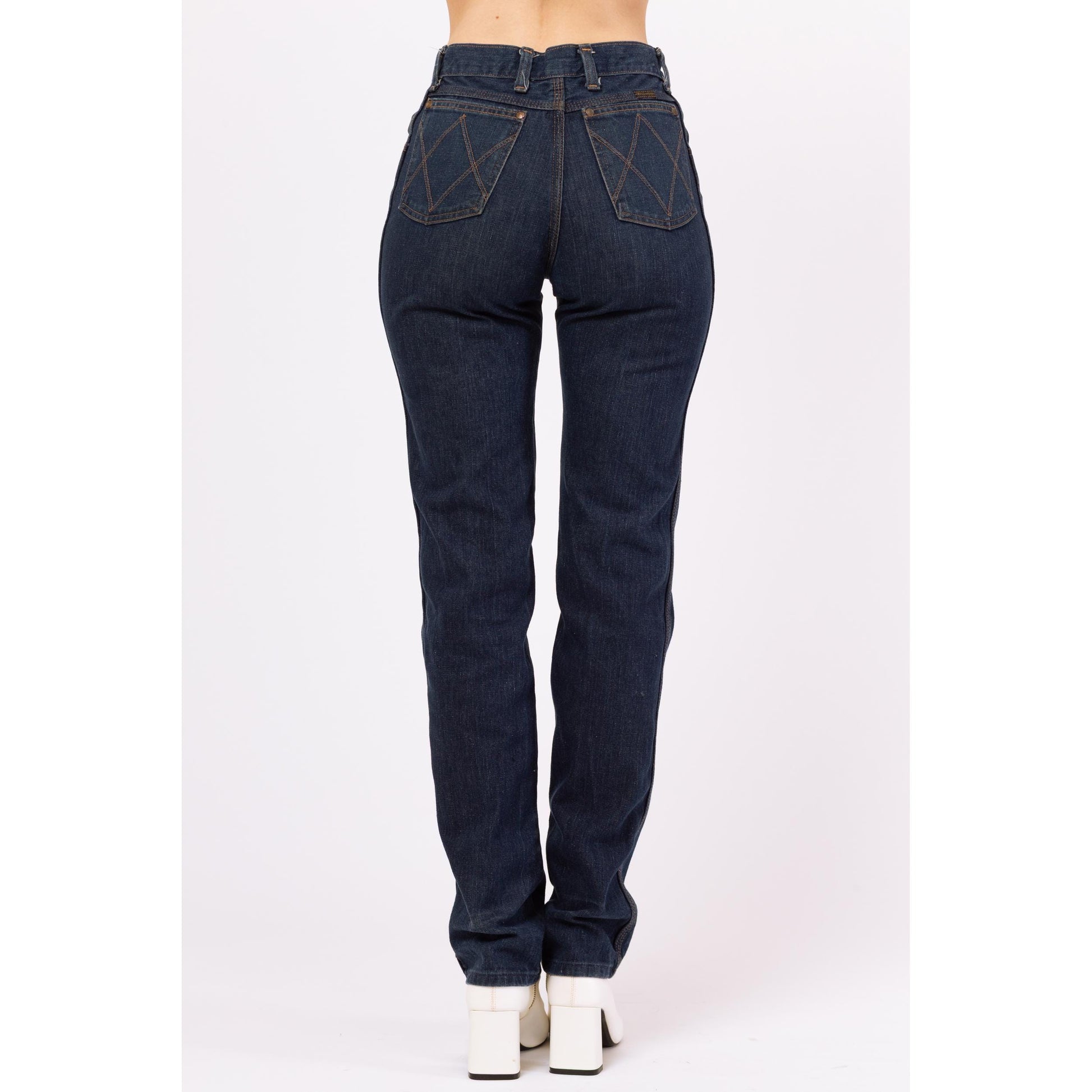 Vintage 70s Wrangler Dark Wash Western Jeans - Small | 1970s High Waisted Jeans, Straight Leg Denim