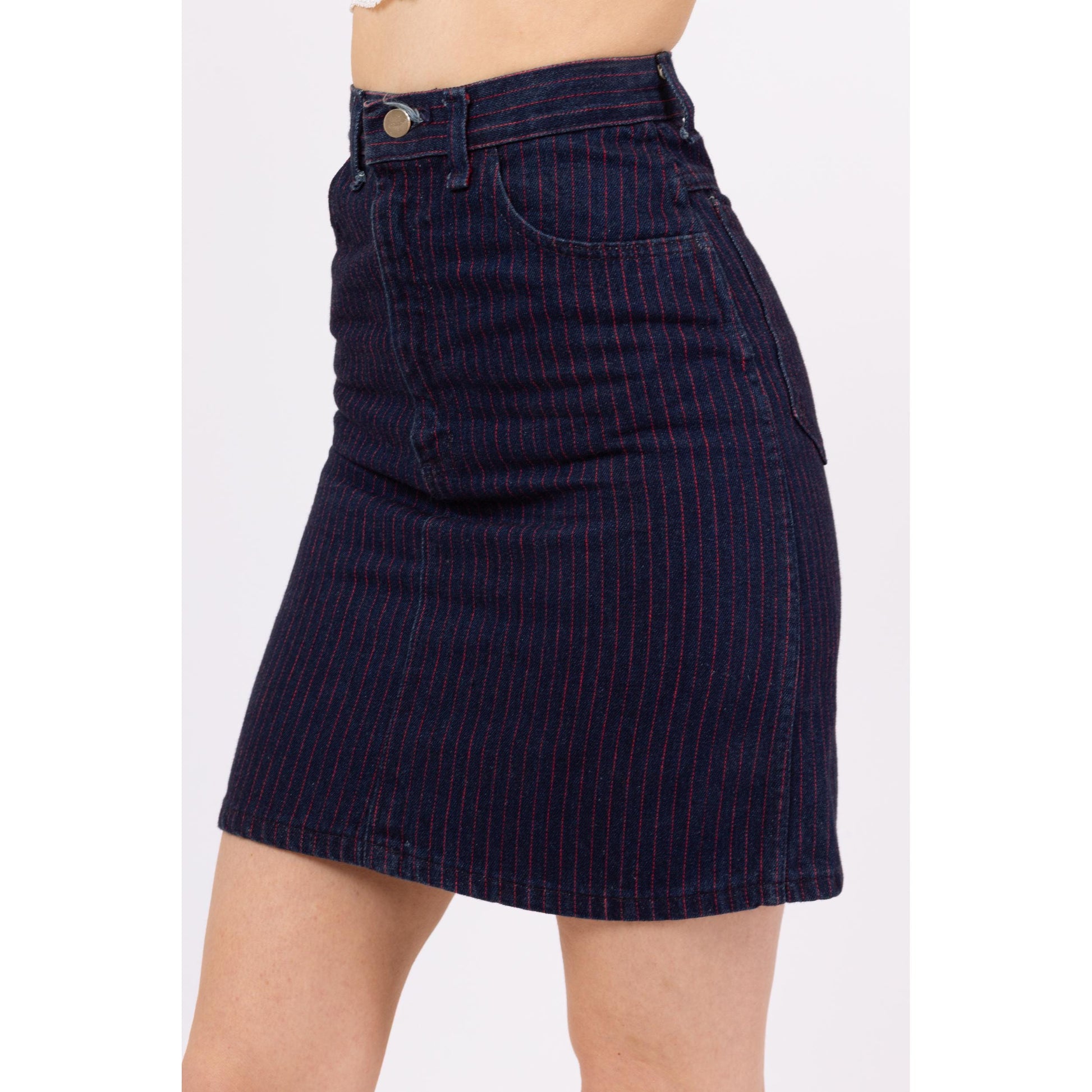 Vintage 70s Striped Dark Wash Denim Mini Skirt - Extra Small, 23” Waist | Pinstriped High Waisted Fitted A Line Jean Skirt