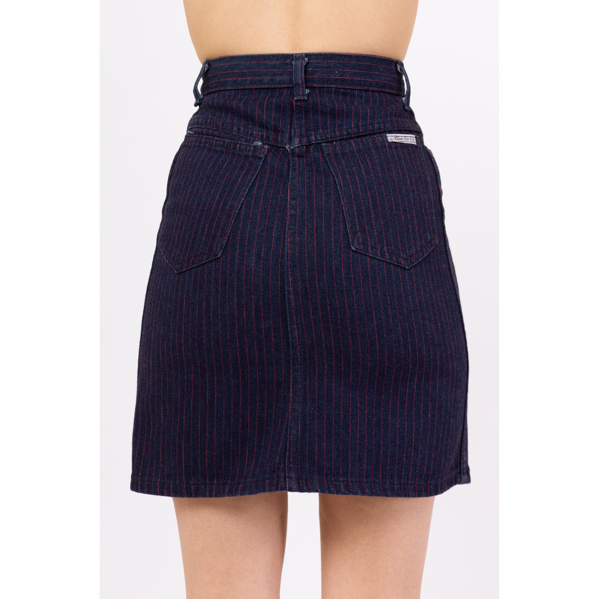 Vintage 70s Striped Dark Wash Denim Mini Skirt - Extra Small, 23” Waist | Pinstriped High Waisted Fitted A Line Jean Skirt