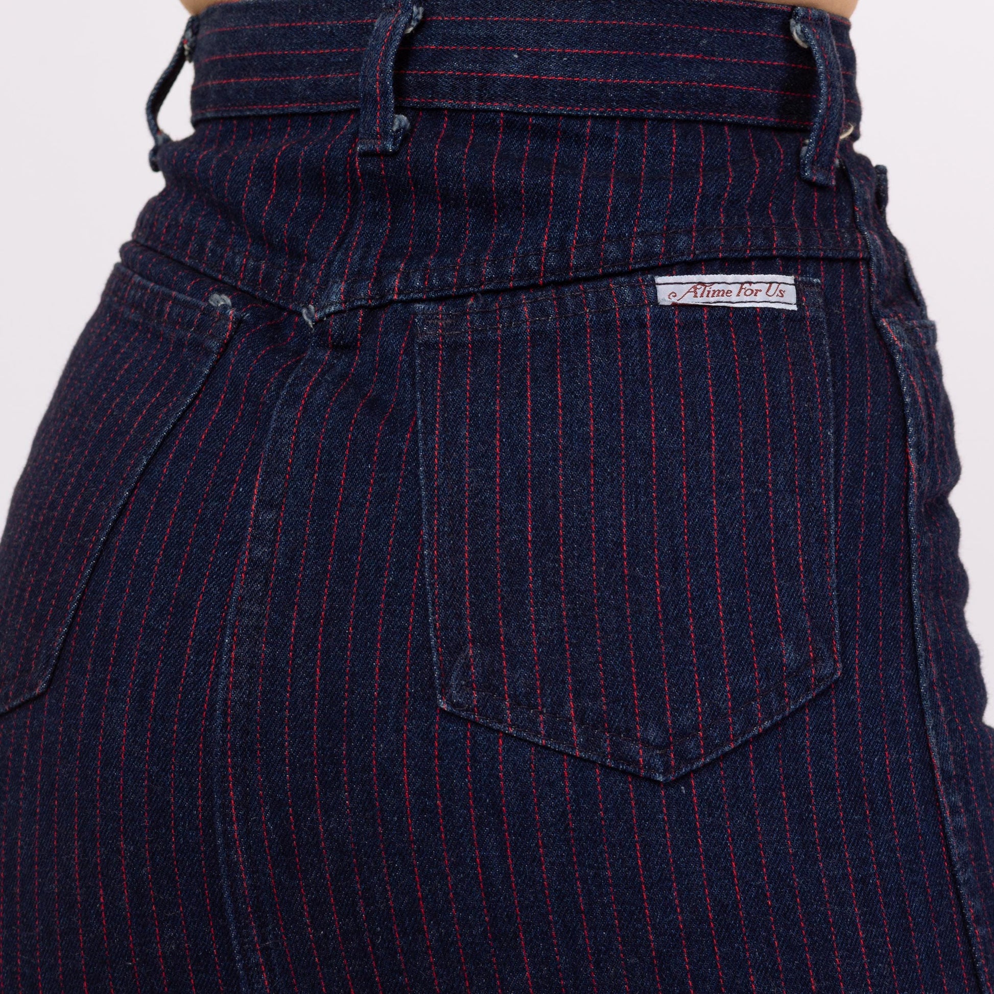 Vintage 70s Striped Dark Wash Denim Mini Skirt - Extra Small, 23” Waist | Pinstriped High Waisted Fitted A Line Jean Skirt