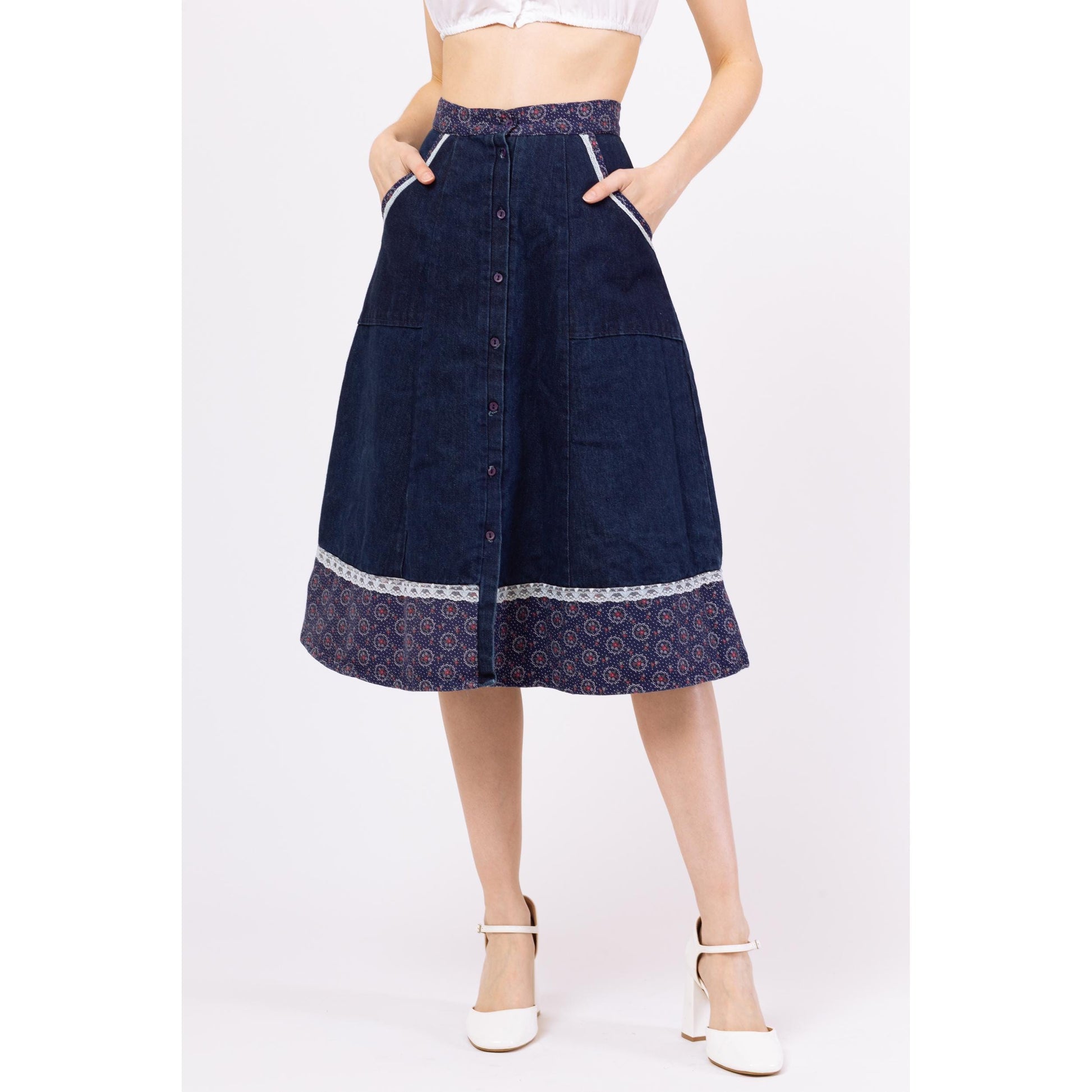 Vintage 70s Boho Denim Floral & Lace Trim Midi Skirt - Extra Small, 24" Waist | Dark Wash Button Up Blue Jean A Line Prairie Skirt
