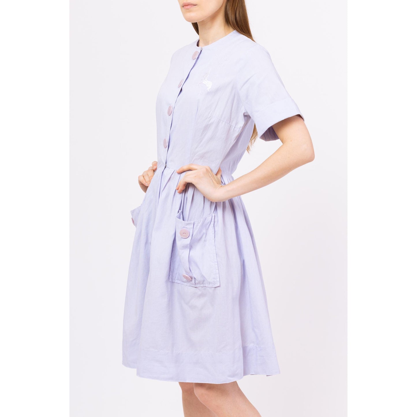 Vintage 40s 50s Pastel Purple Novelty Embroidered Horse Shirtdress - Medium | Retro Short Sleeve Knee Length Shirtwaist Midi Pocket Dress
