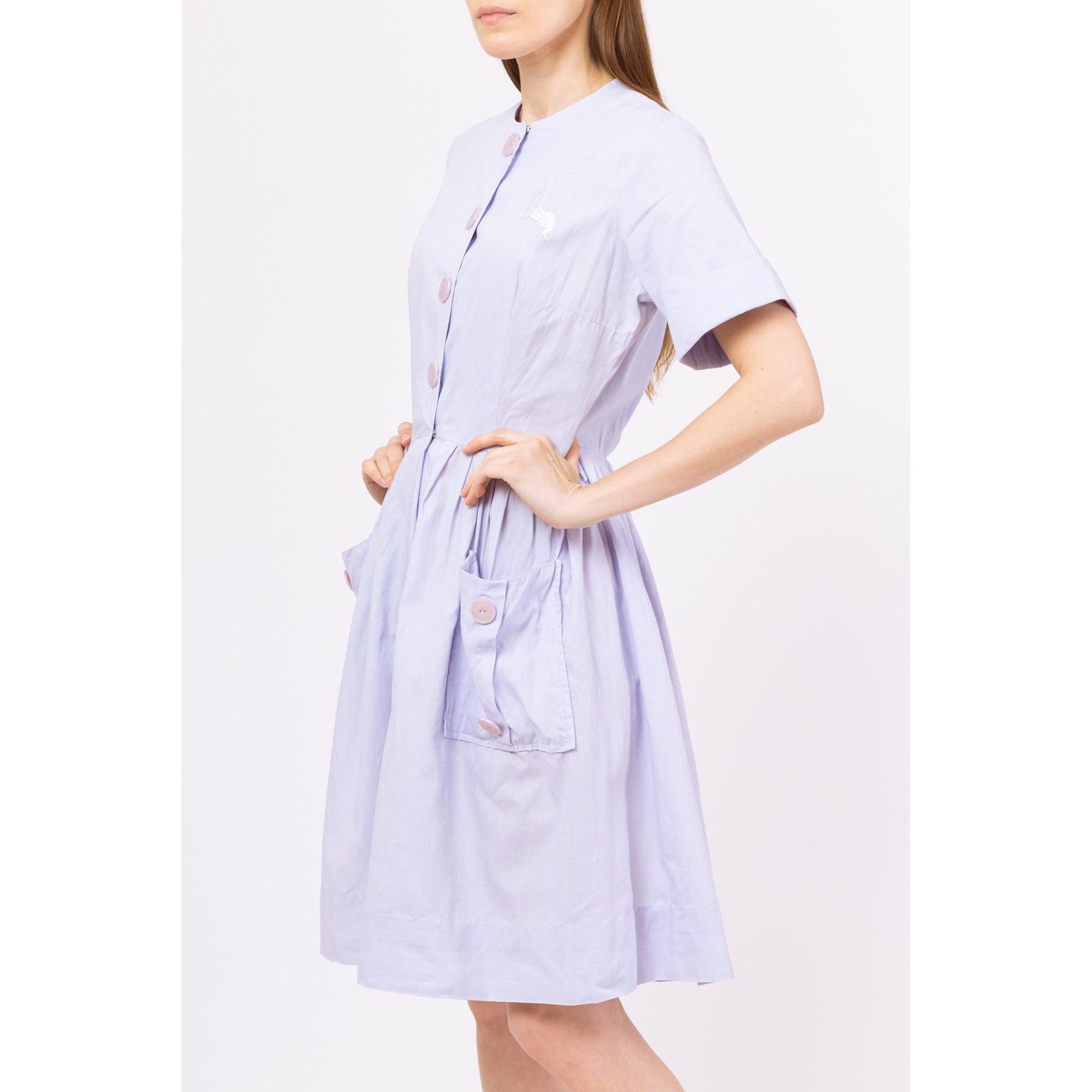 Vintage 40s 50s Pastel Purple Novelty Embroidered Horse Shirtdress - Medium | Retro Short Sleeve Knee Length Shirtwaist Midi Pocket Dress