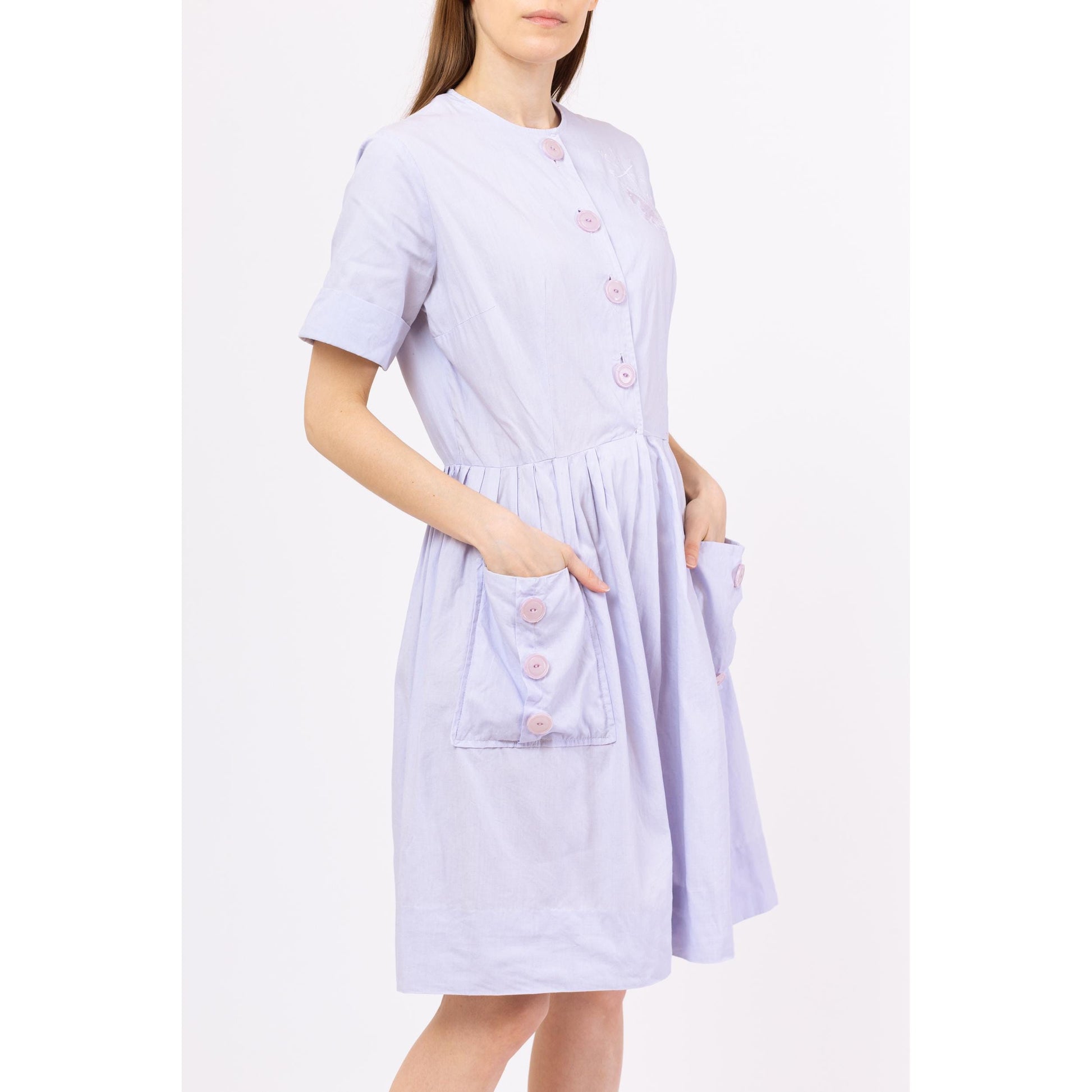 Vintage 40s 50s Pastel Purple Novelty Embroidered Horse Shirtdress - Medium | Retro Short Sleeve Knee Length Shirtwaist Midi Pocket Dress