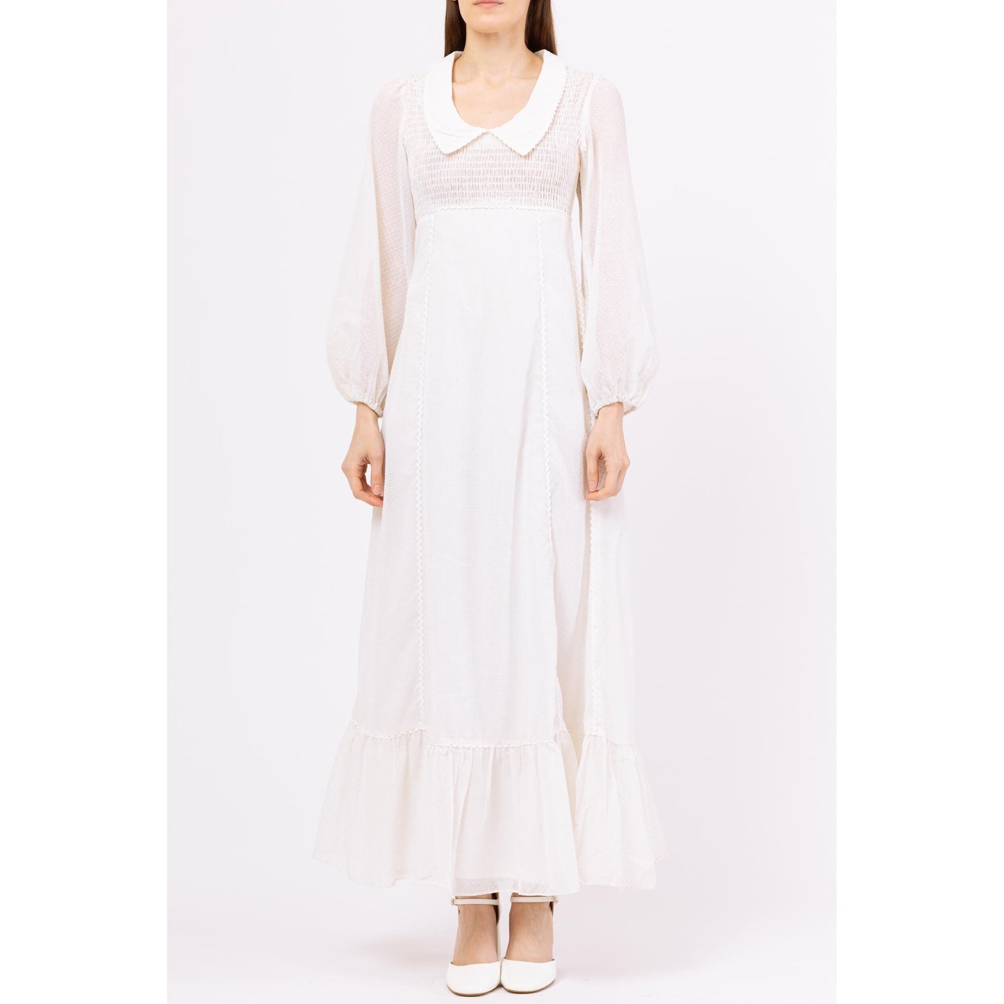 Vintage 70s Candi Jones White Swiss Dot Cottagecore Prairie Gown - Extra Small | Boho Gunne Sax Style Sheer Sleeve Maxi Wedding Dress