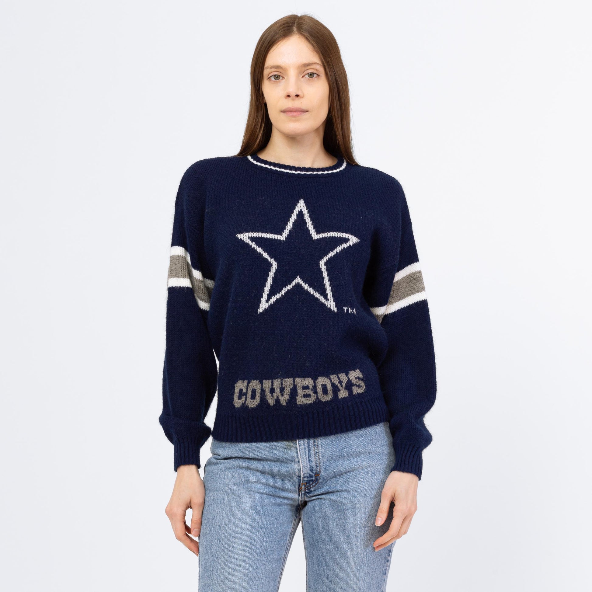 Vintage 80s Dallas Cowboys NFL Sweater - Small to Medium | Unisex Football Varsity Stripe Navy Blue Knit Pullover