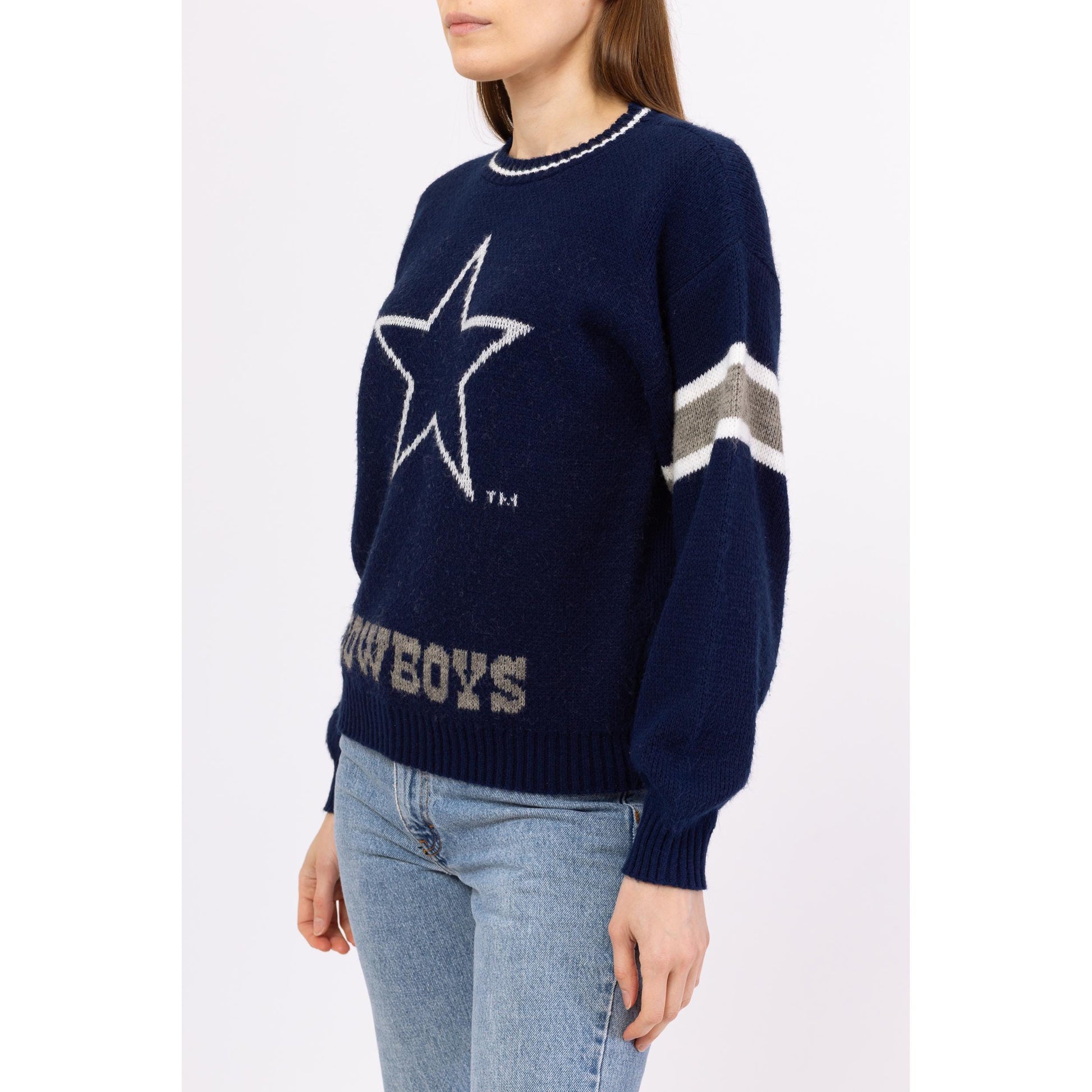 Vintage 80s Dallas Cowboys NFL Sweater - Small to Medium | Unisex Football Varsity Stripe Navy Blue Knit Pullover
