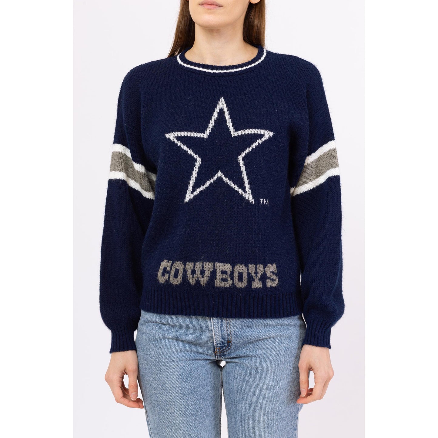 Vintage 80s Dallas Cowboys NFL Sweater - Small to Medium | Unisex Football Varsity Stripe Navy Blue Knit Pullover