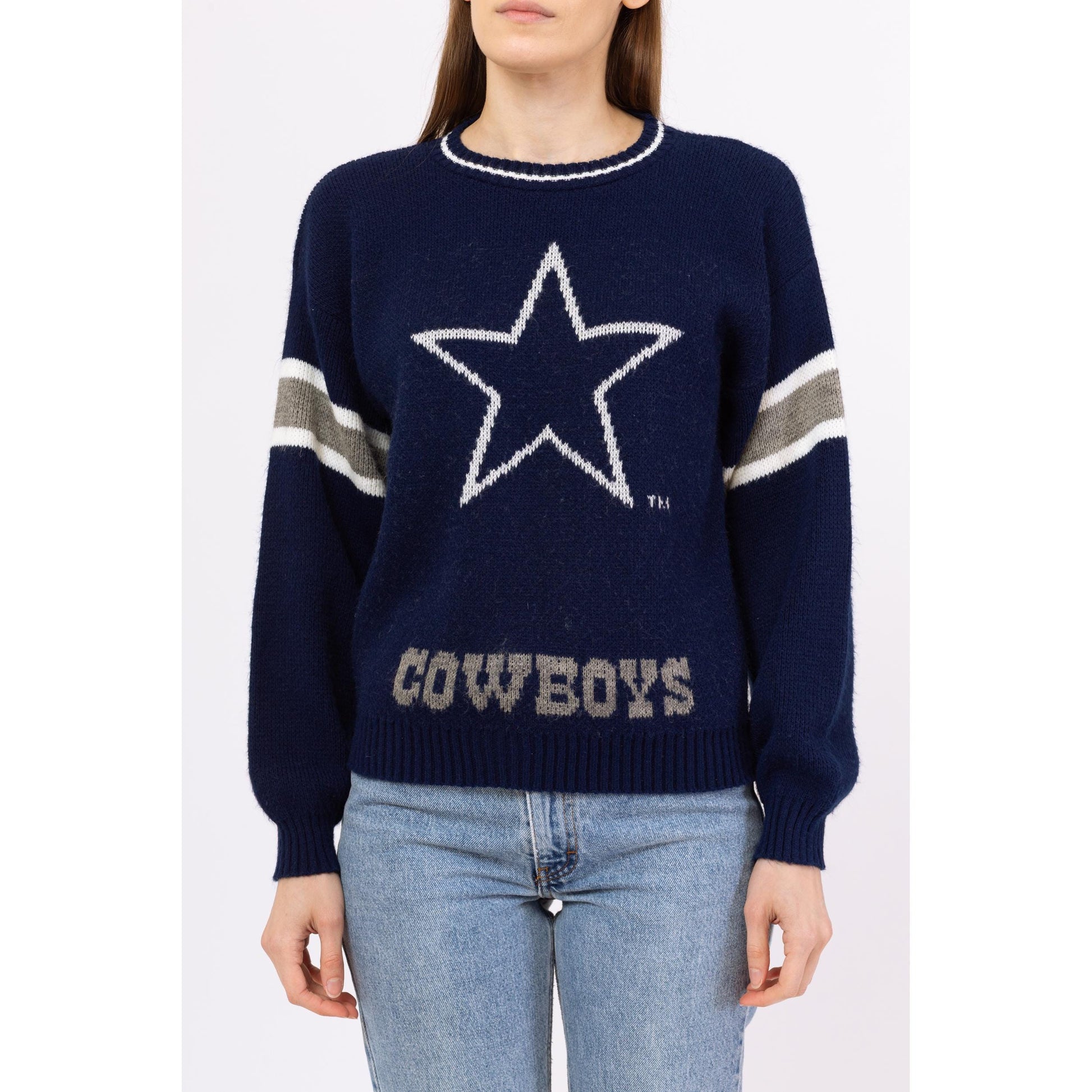 Vintage 80s Dallas Cowboys NFL Sweater - Small to Medium | Unisex Football Varsity Stripe Navy Blue Knit Pullover