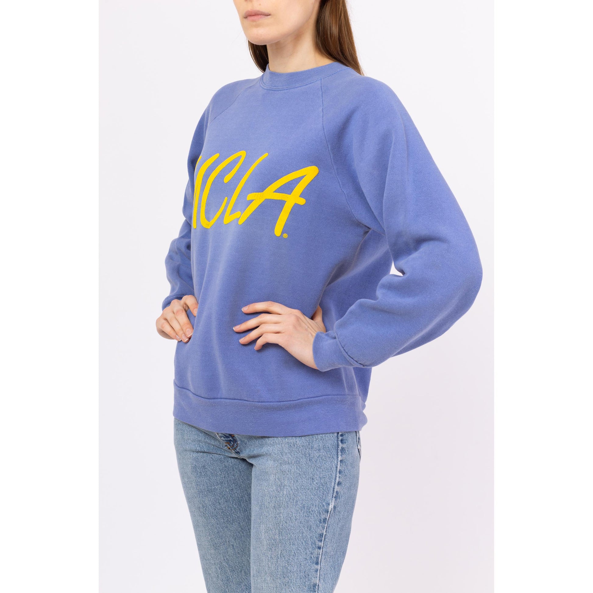 Vintage 80s UCLA Raglan Sleeve Sweatshirt - Medium to Large | Unisex Periwinkle University Graphic Crewneck Pullover