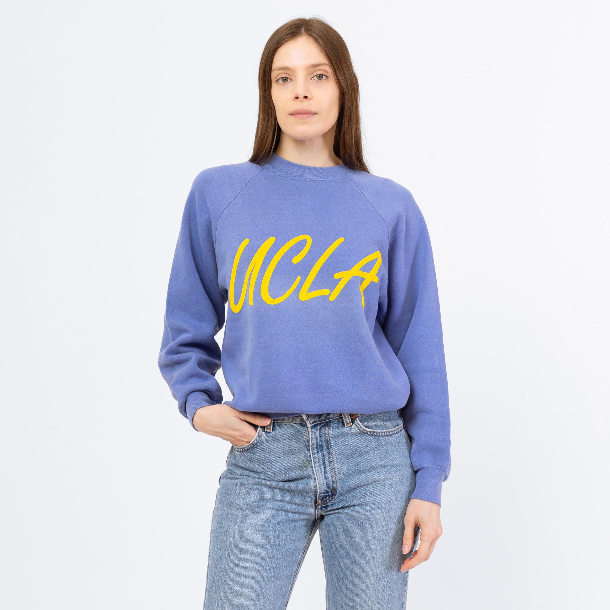 Vintage 80s UCLA Raglan Sleeve Sweatshirt - Medium to Large | Unisex Periwinkle University Graphic Crewneck Pullover