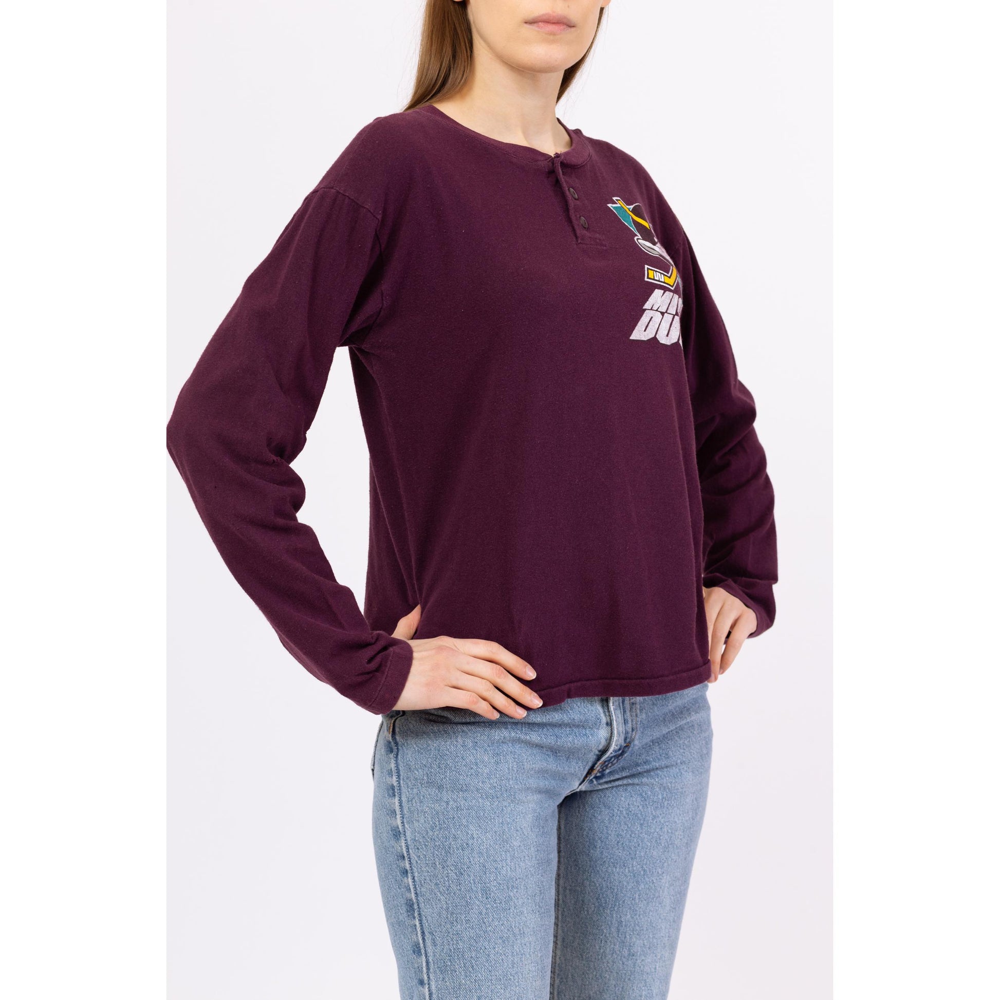 Vintage 90s Anaheim Mighty Ducks Henley Shirt - Medium | Unisex NHL Hockey Graphic Long Sleeve Tee