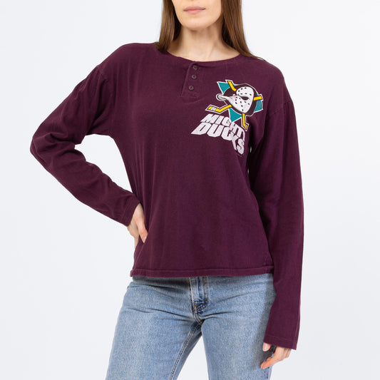 Vintage 90s Anaheim Mighty Ducks Henley Shirt - Medium | Unisex NHL Hockey Graphic Long Sleeve Tee