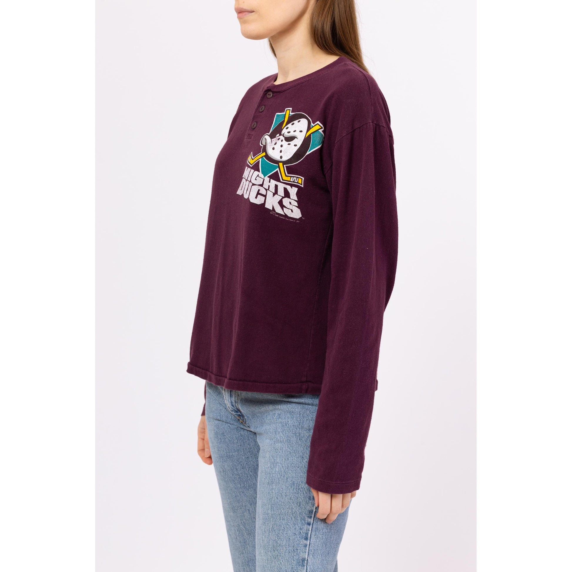 Vintage 90s Anaheim Mighty Ducks Henley Shirt - Medium | Unisex NHL Hockey Graphic Long Sleeve Tee