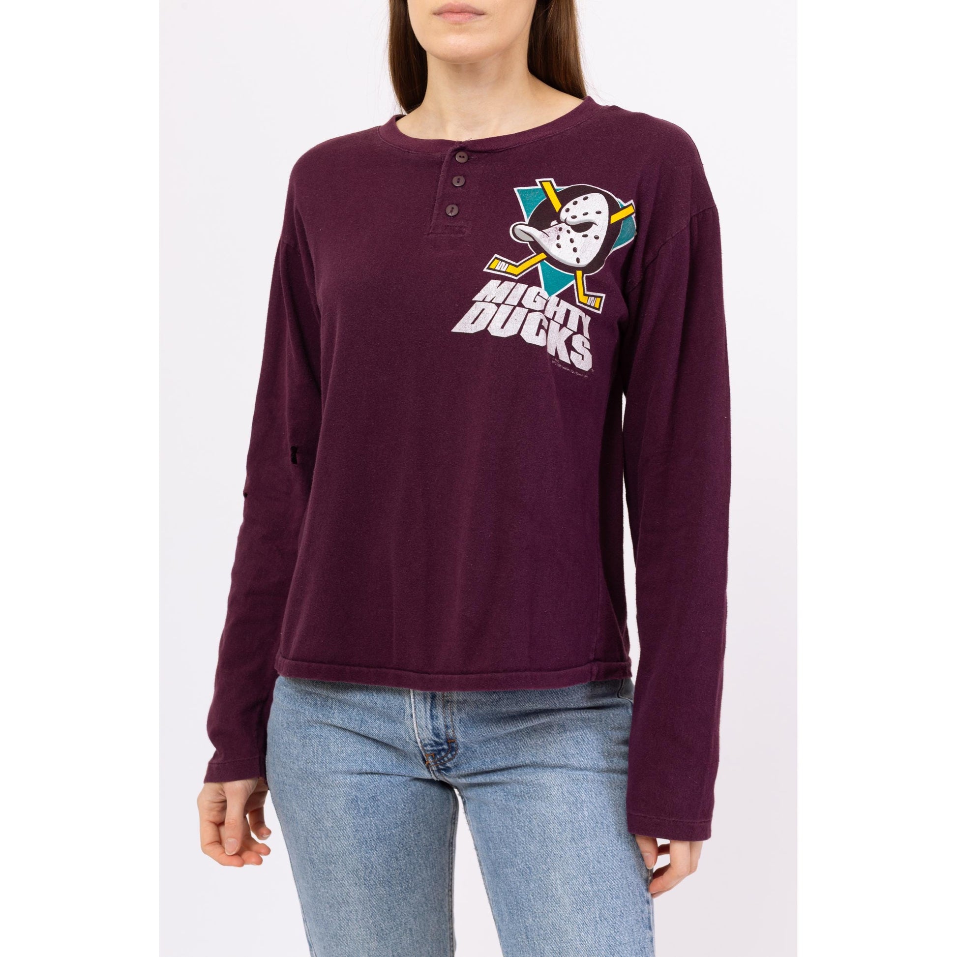 Vintage 90s Anaheim Mighty Ducks Henley Shirt - Medium | Unisex NHL Hockey Graphic Long Sleeve Tee