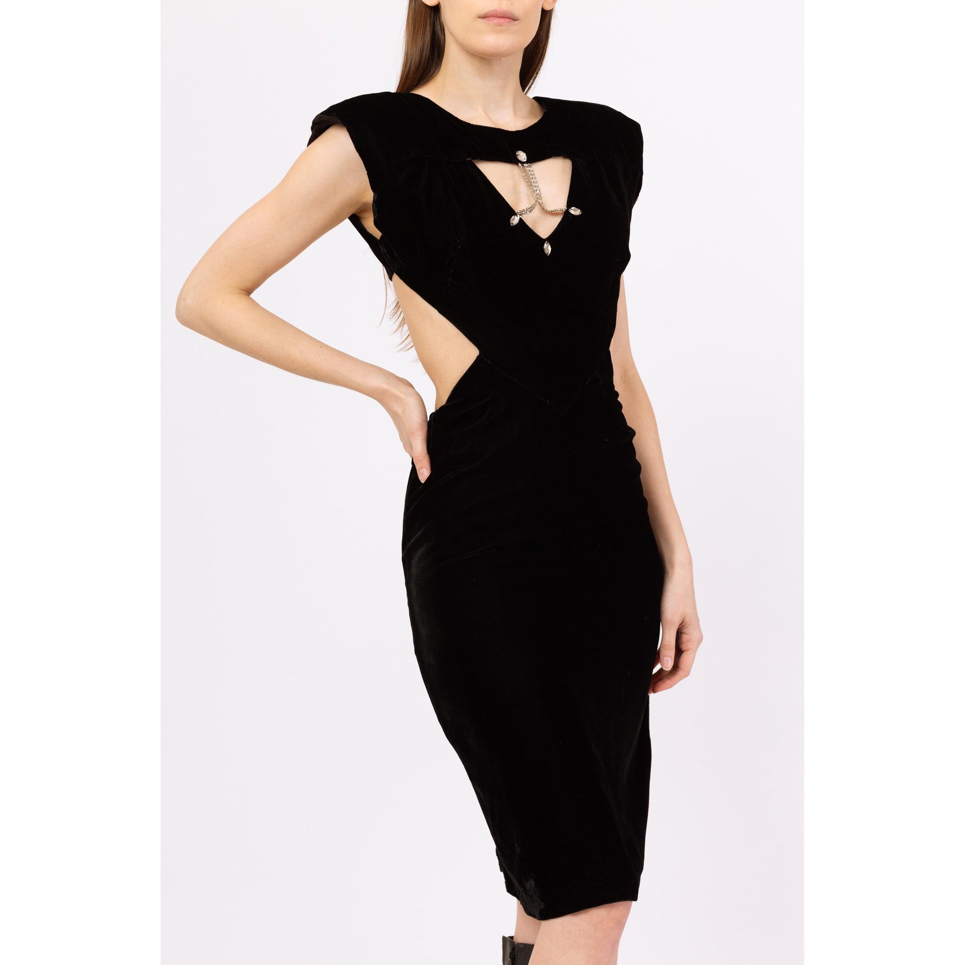 Vintage 80s Black Velvet Cutout Avant Garde Bodycon Dress - Small Flying Apple Vintage Vintage 80s Black Velvet Cutout Avant Garde Bodycon Dress - Small Flying Apple Vintage