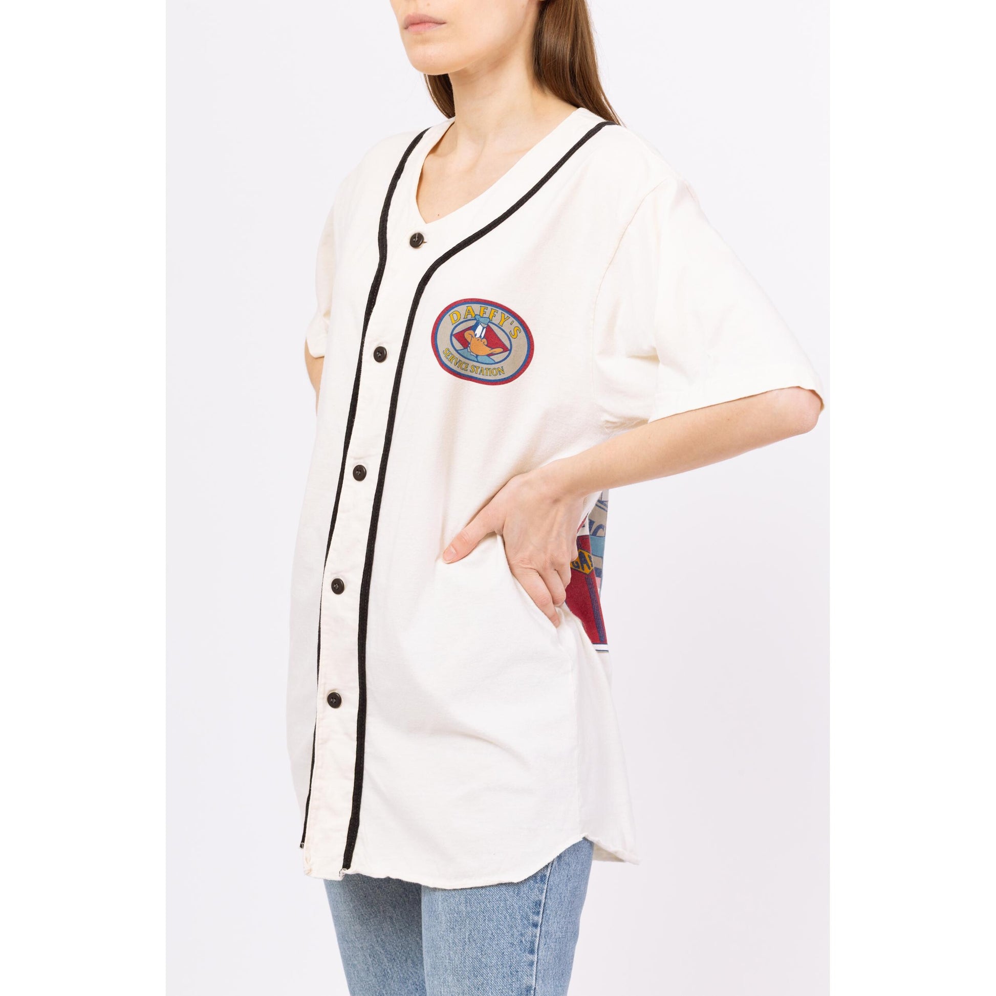 Vintage 90s Looney Tunes Daffy Duck Service Station Baseball Shirt - Large | Unisex Streetwear Cartoon White Button Up Athletic Jersey Top