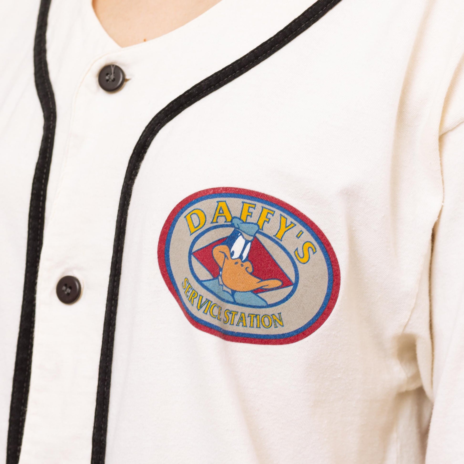 Vintage 90s Looney Tunes Daffy Duck Service Station Baseball Shirt - Large | Unisex Streetwear Cartoon White Button Up Athletic Jersey Top
