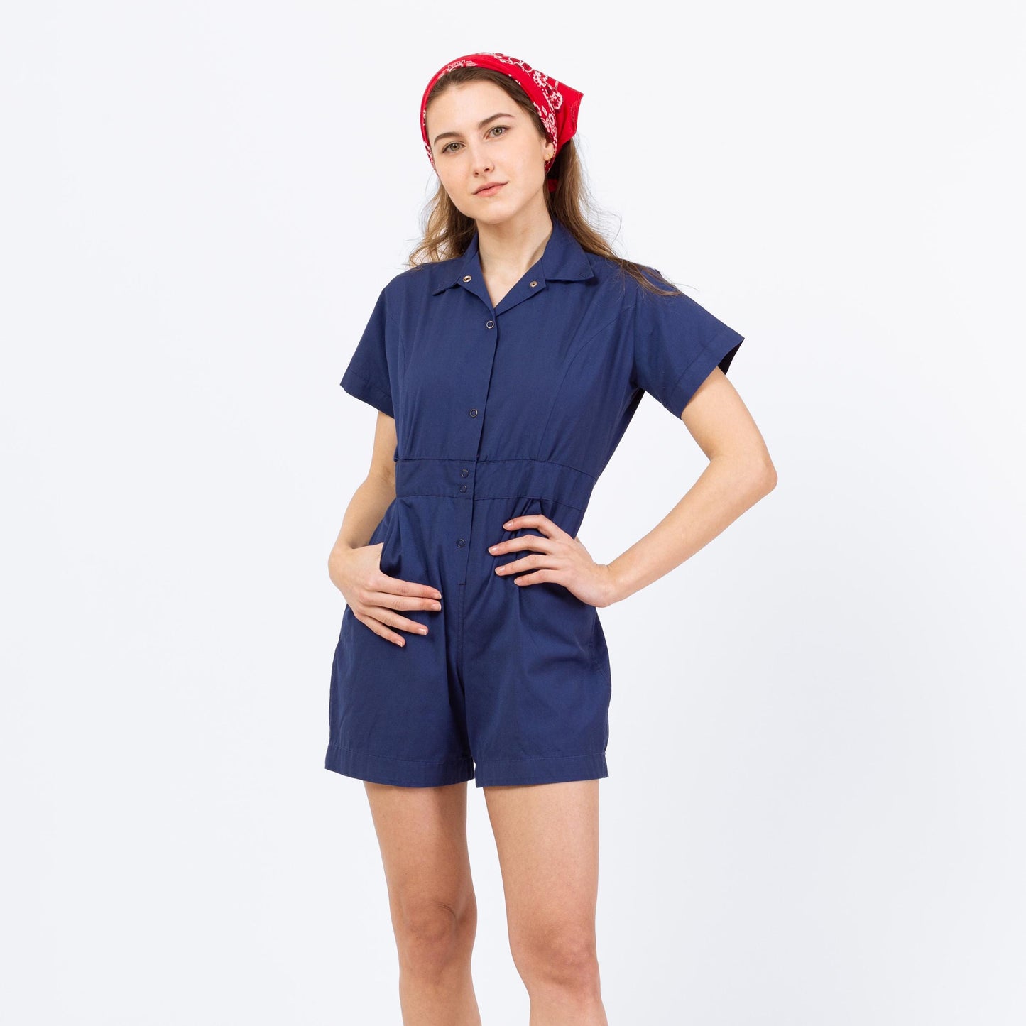 Vintage 1950s Navy Blue Gym Uniform Romper - Petite XXS | Retro 50s Playsuit, Short Sleeve Snap Front Cotton Blend P.E. Outfit