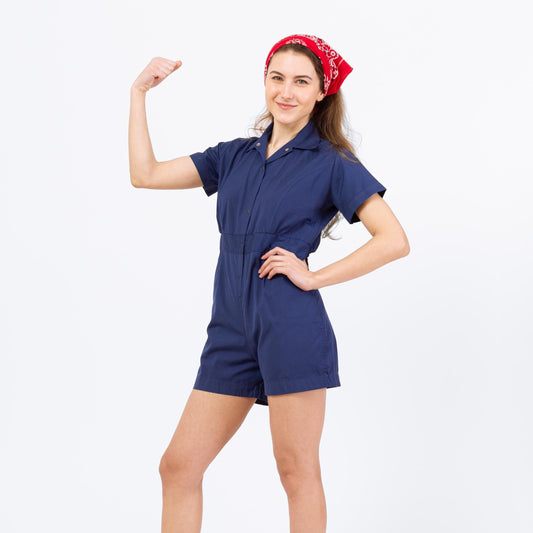 Vintage 1950s Navy Blue Gym Uniform Romper - Petite XXS | Retro 50s Playsuit, Short Sleeve Snap Front Cotton Blend P.E. Outfit