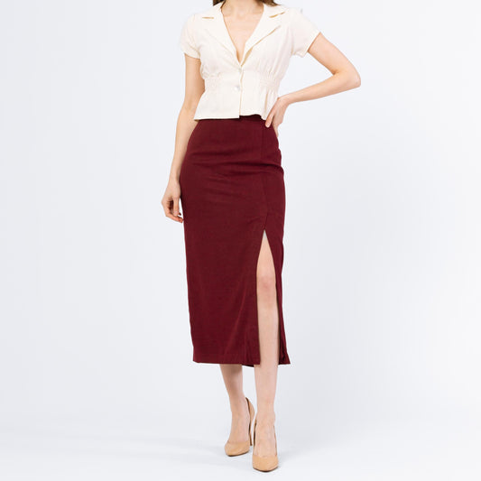 Vintage 90s Burberry Wine Red High Slit Midi Pencil Skirt - Small, 26.5" Waist | Designer Minimalist Cashmere Fitted Straight Office Skirt