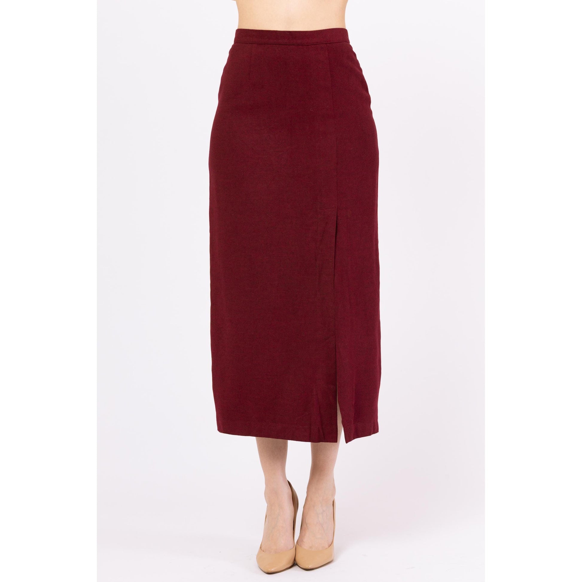 Vintage 90s Burberry Wine Red High Slit Midi Pencil Skirt - Small, 26.5" Waist | Designer Minimalist Cashmere Fitted Straight Office Skirt