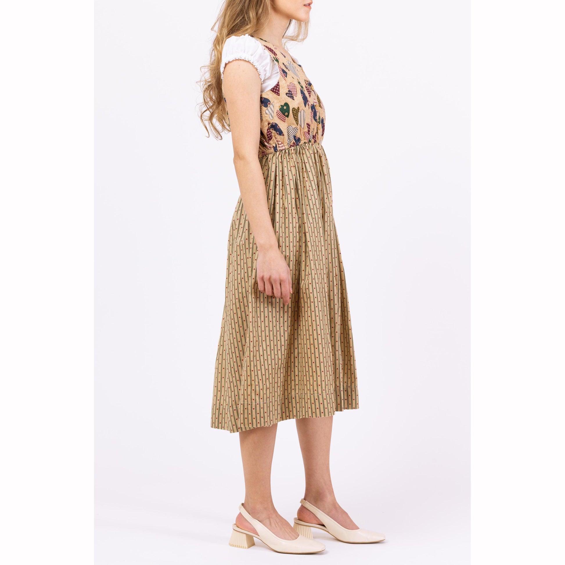 Vintage 70s Heart Print Dirndl Dress - Petite XS to Small | Boho Folk Pinafore Midi Dress, Oktoberfest Cottagecore Trachten Dress