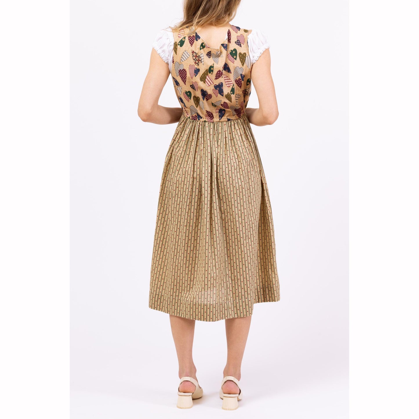 Vintage 70s Heart Print Dirndl Dress - Petite XS to Small | Boho Folk Pinafore Midi Dress, Oktoberfest Cottagecore Trachten Dress
