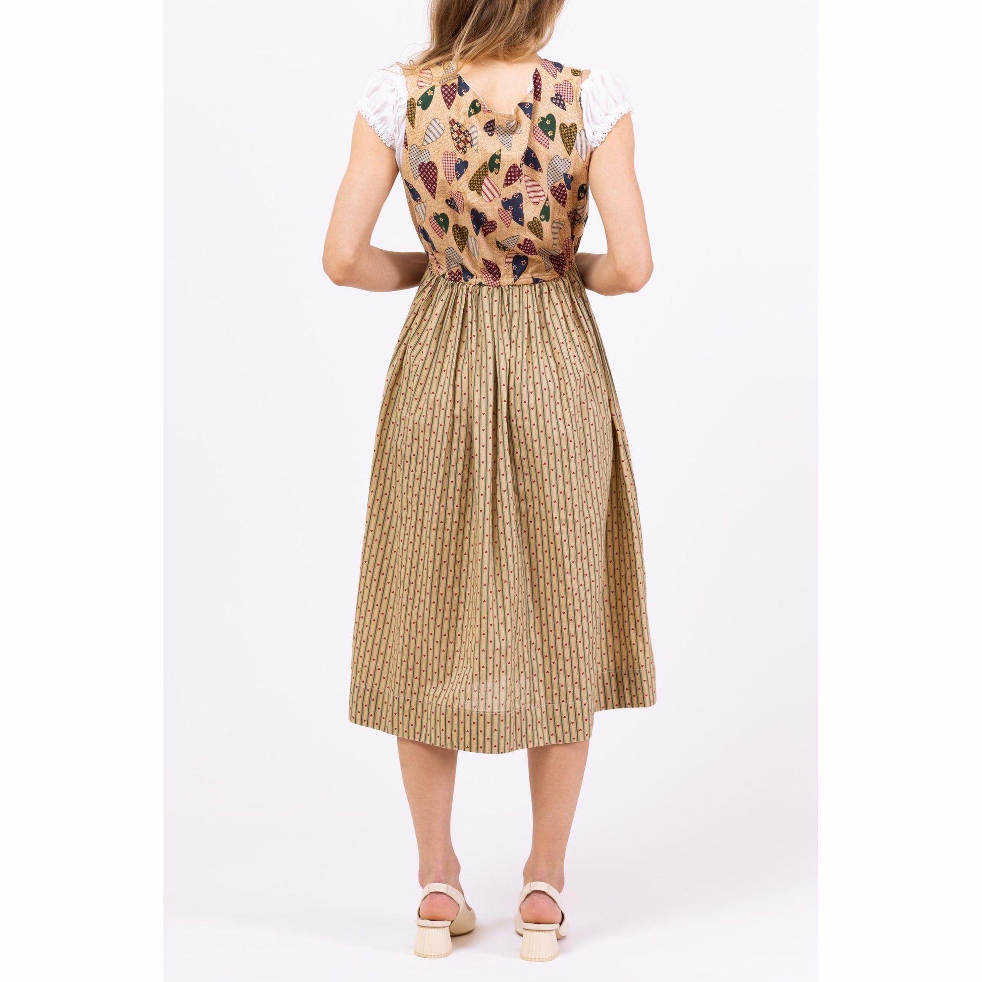 Vintage 70s Heart Print Dirndl Dress - Petite XS to Small | Boho Folk Pinafore Midi Dress, Oktoberfest Cottagecore Trachten Dress