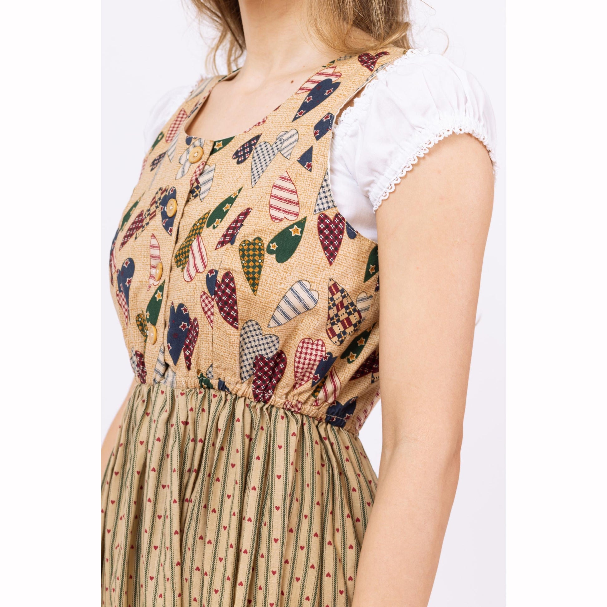 Vintage 70s Heart Print Dirndl Dress - Petite XS to Small | Boho Folk Pinafore Midi Dress, Oktoberfest Cottagecore Trachten Dress