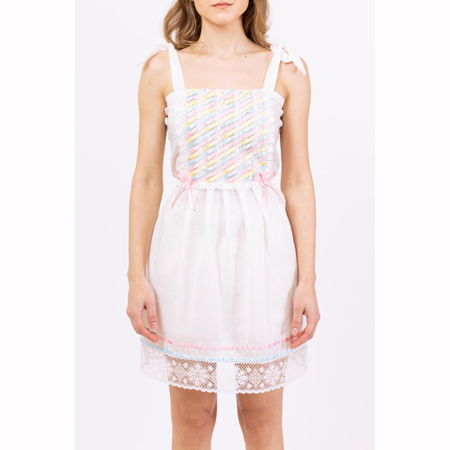 Vintage 70s White Pastel Ribbon Mini Sundress - XS to Small | Lace Trim, Cottagecore Prairie Dress, Soft Boho Dress